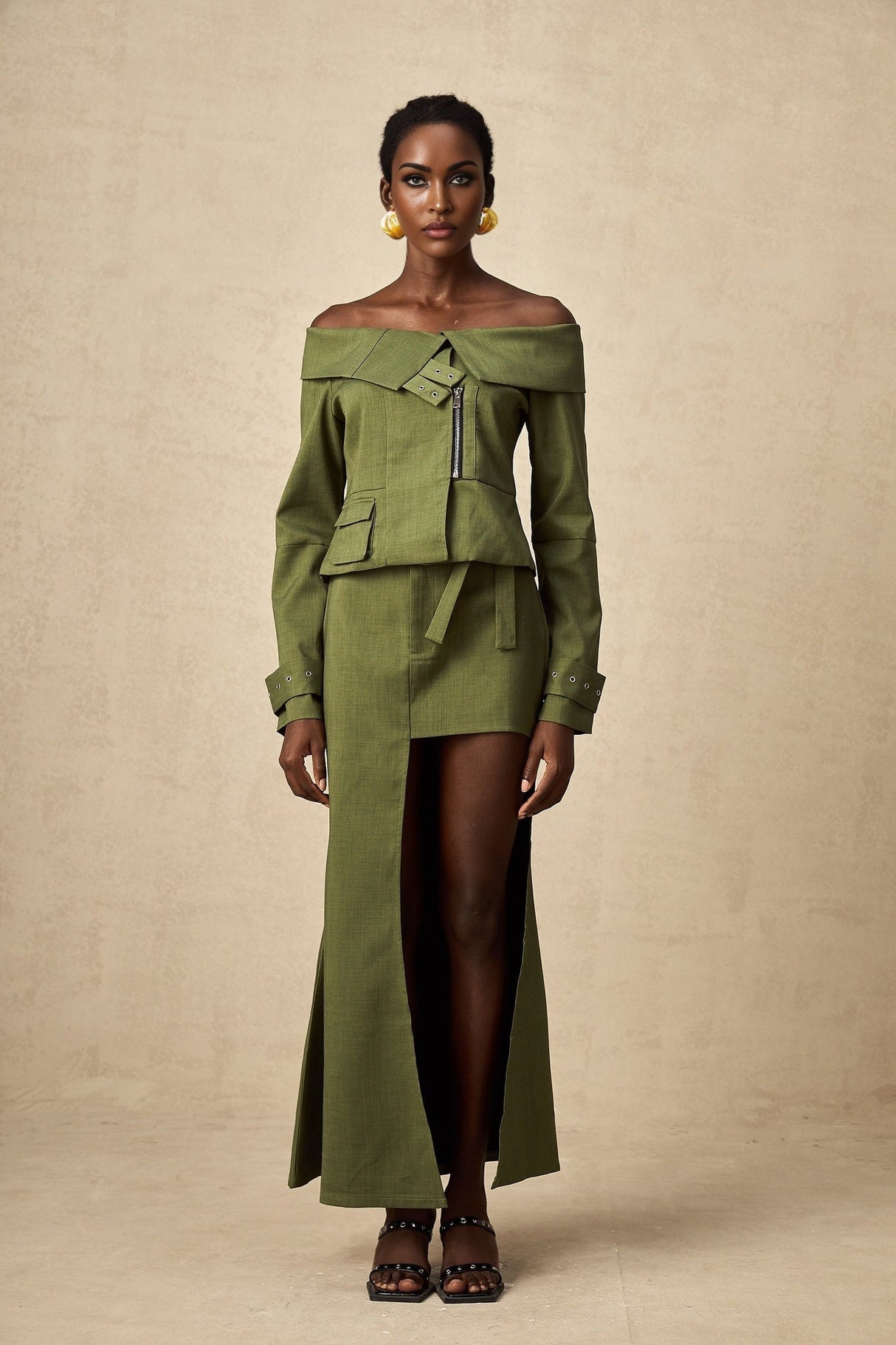 Mattea Jacket & Skirt Green Asymmetric Matching Set