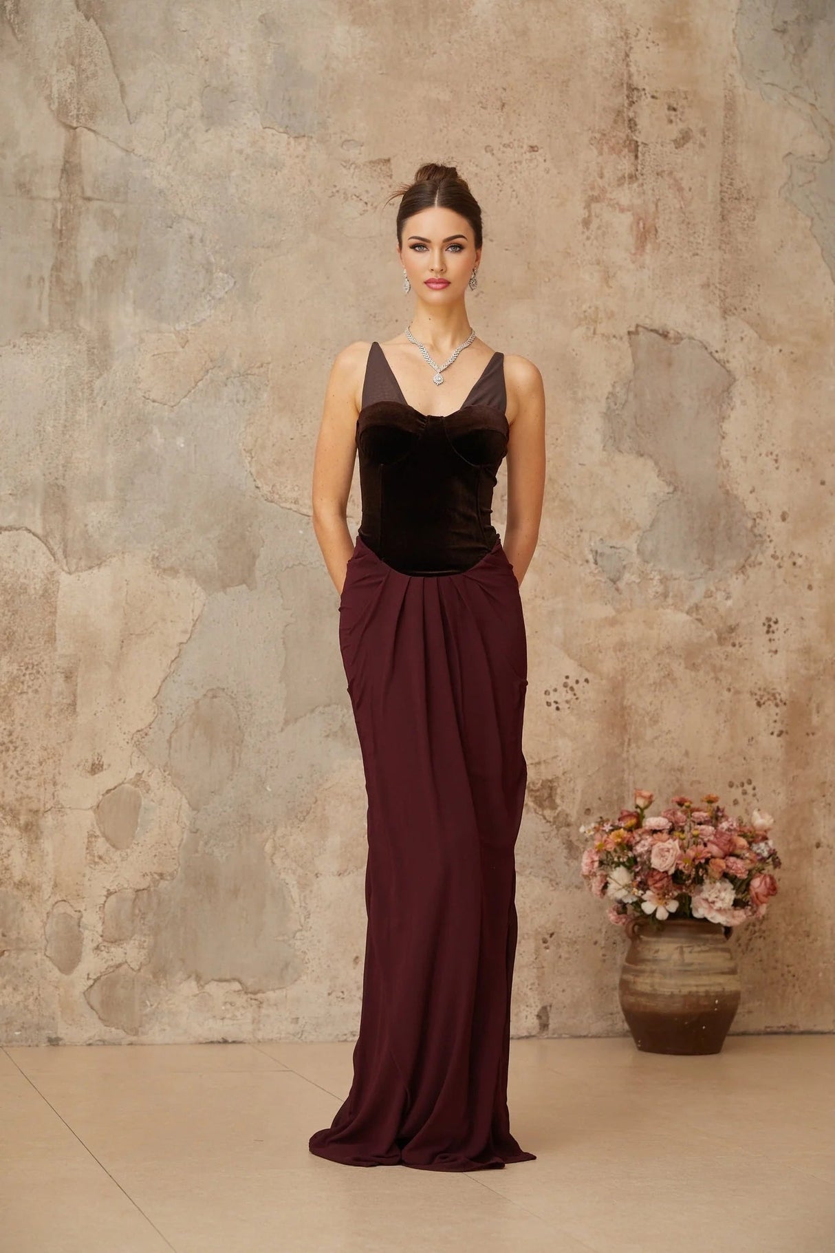 Mattea Maxi Dress Burgundy & Brown Color Blocked Velvet Panel Shirred Boned Cone Back