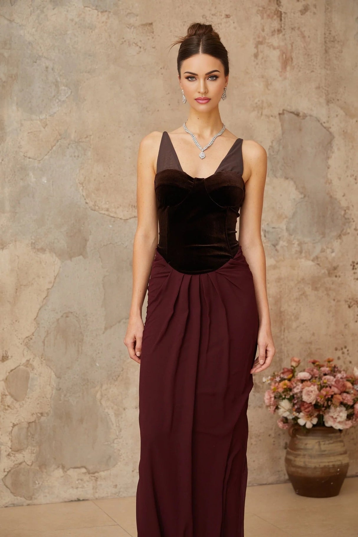 Mattea Maxi Dress Burgundy & Brown Color Blocked Velvet Panel Shirred Boned Cone Back