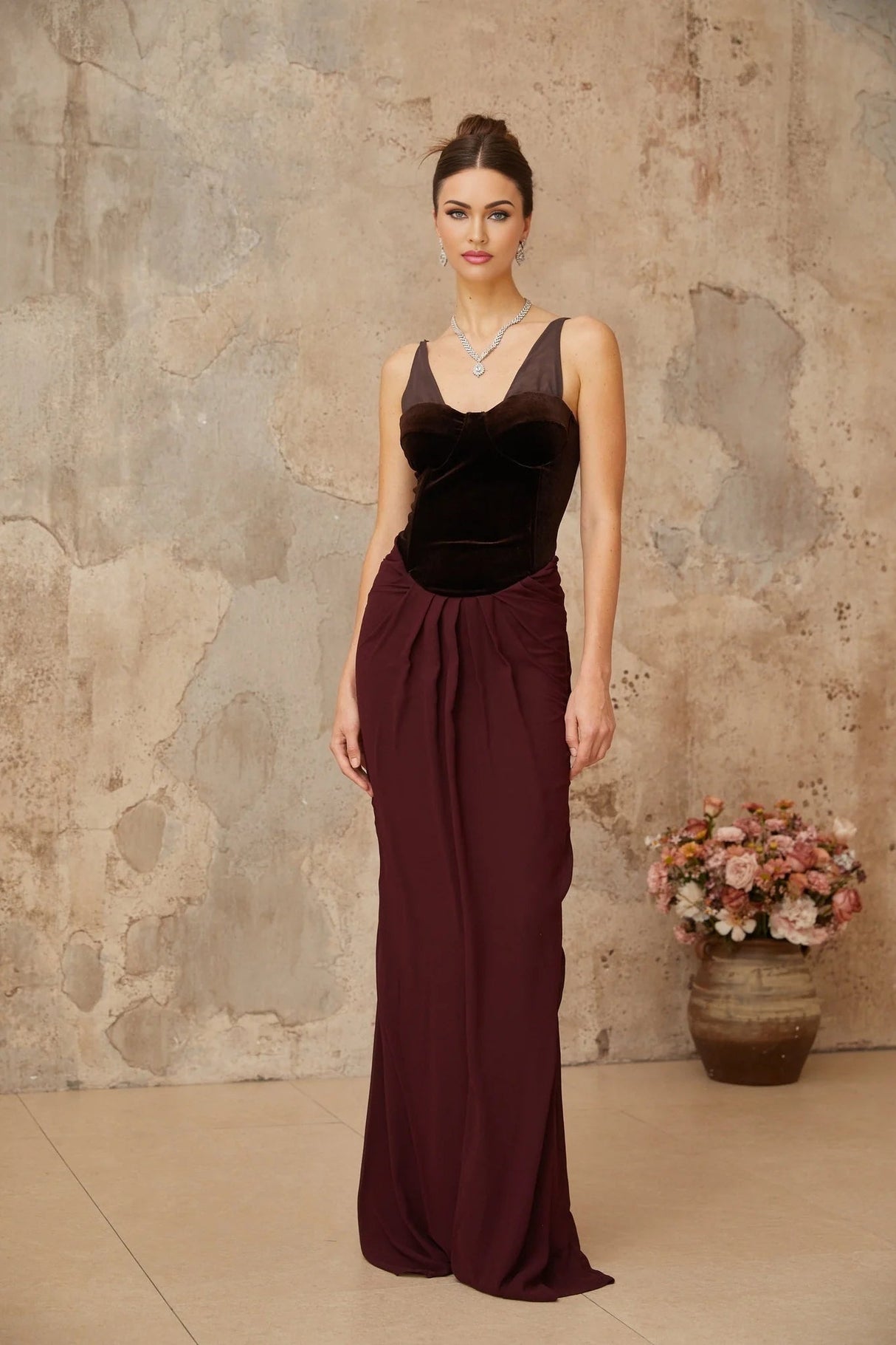 Mattea Maxi Dress Burgundy & Brown Color Blocked Velvet Panel Shirred Boned Cone Back