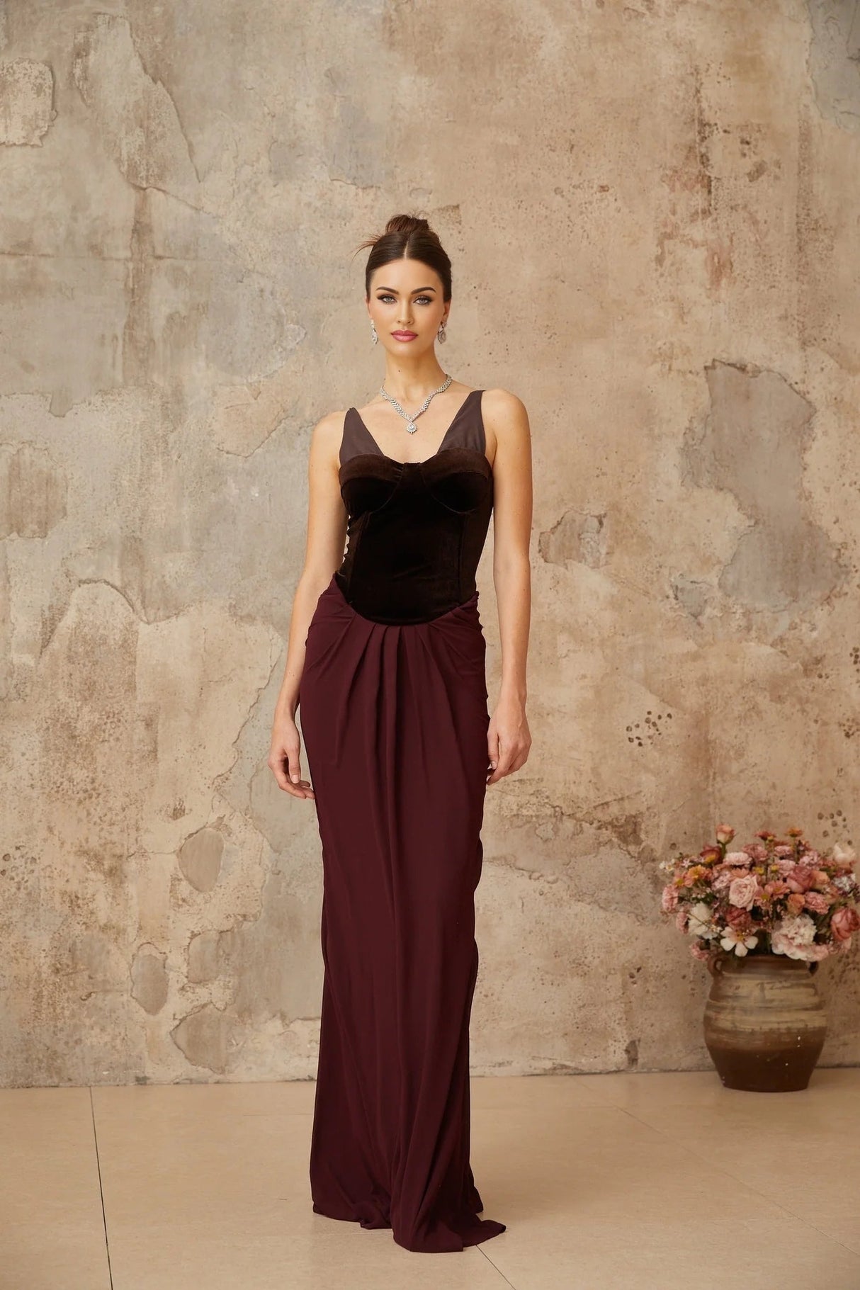 Mattea Maxi Dress Burgundy & Brown Color Blocked Velvet Panel Shirred Boned Cone Back