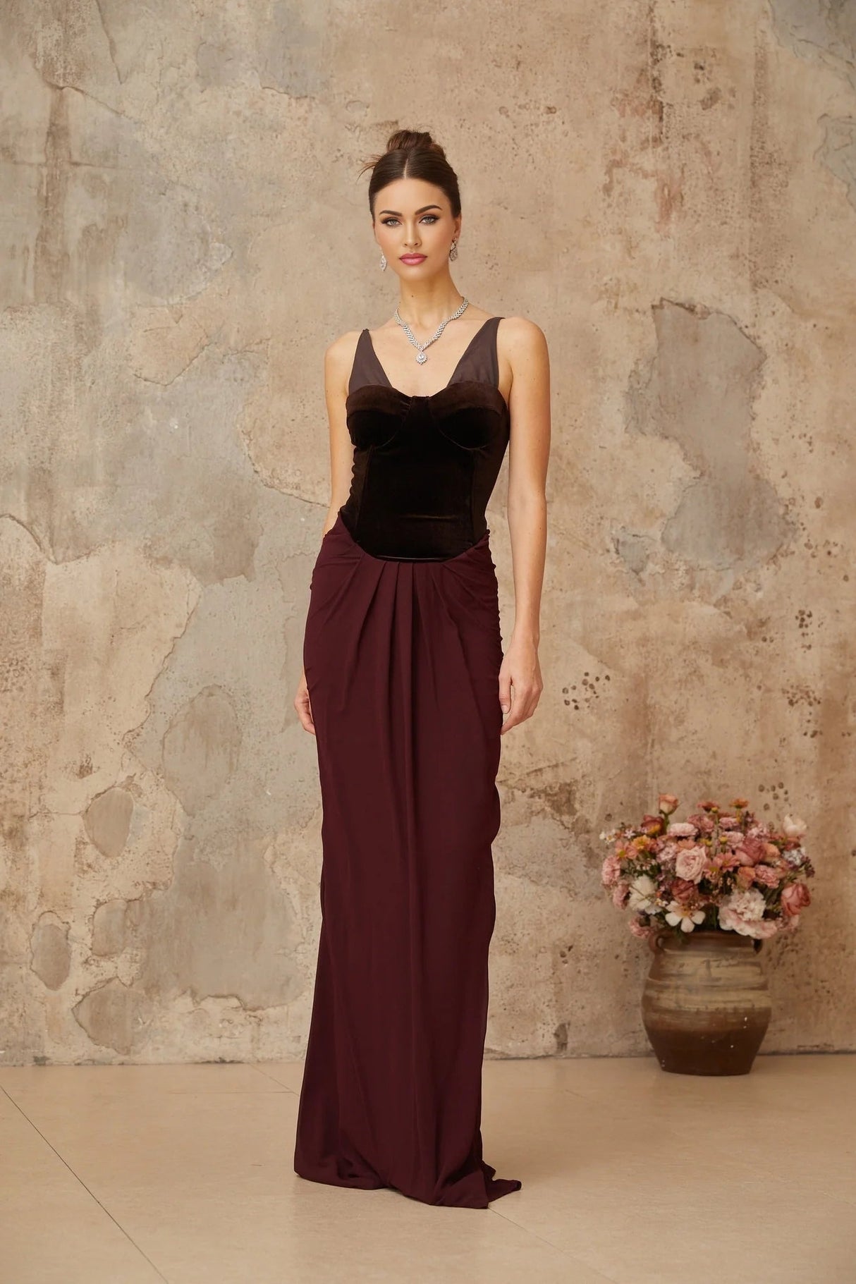 Mattea Maxi Dress Burgundy & Brown Color Blocked Velvet Panel Shirred Boned Cone Back