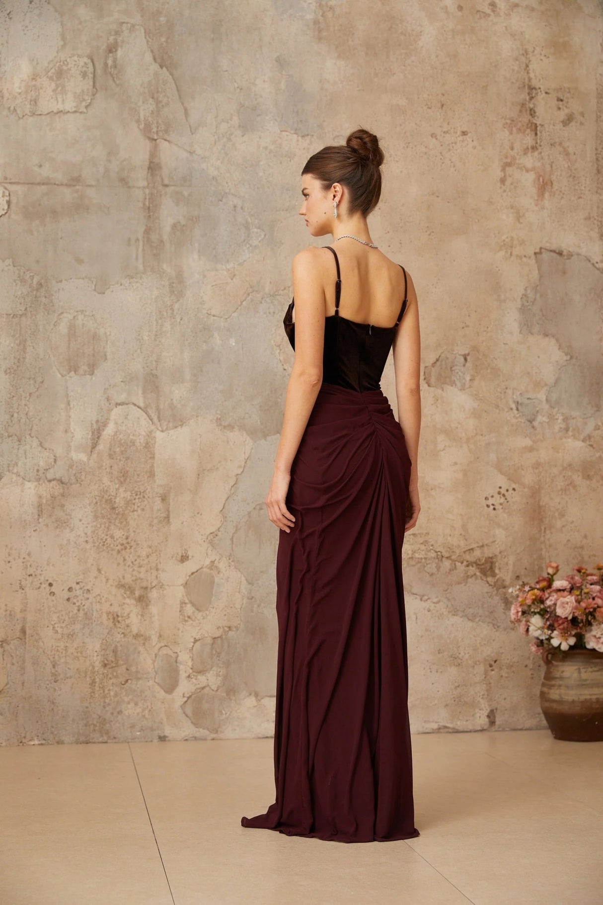 Mattea Maxi Dress Burgundy & Brown Color Blocked Velvet Panel Shirred Boned Cone Back
