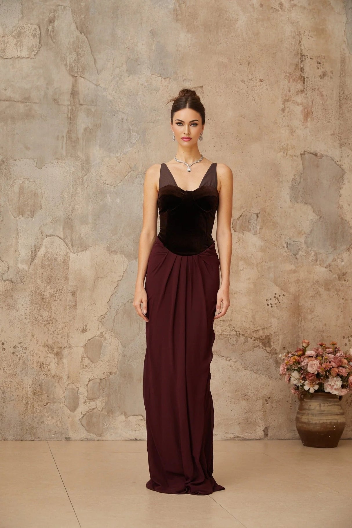 Mattea Maxi Dress Burgundy & Brown Color Blocked Velvet Panel Shirred Boned Cone Back