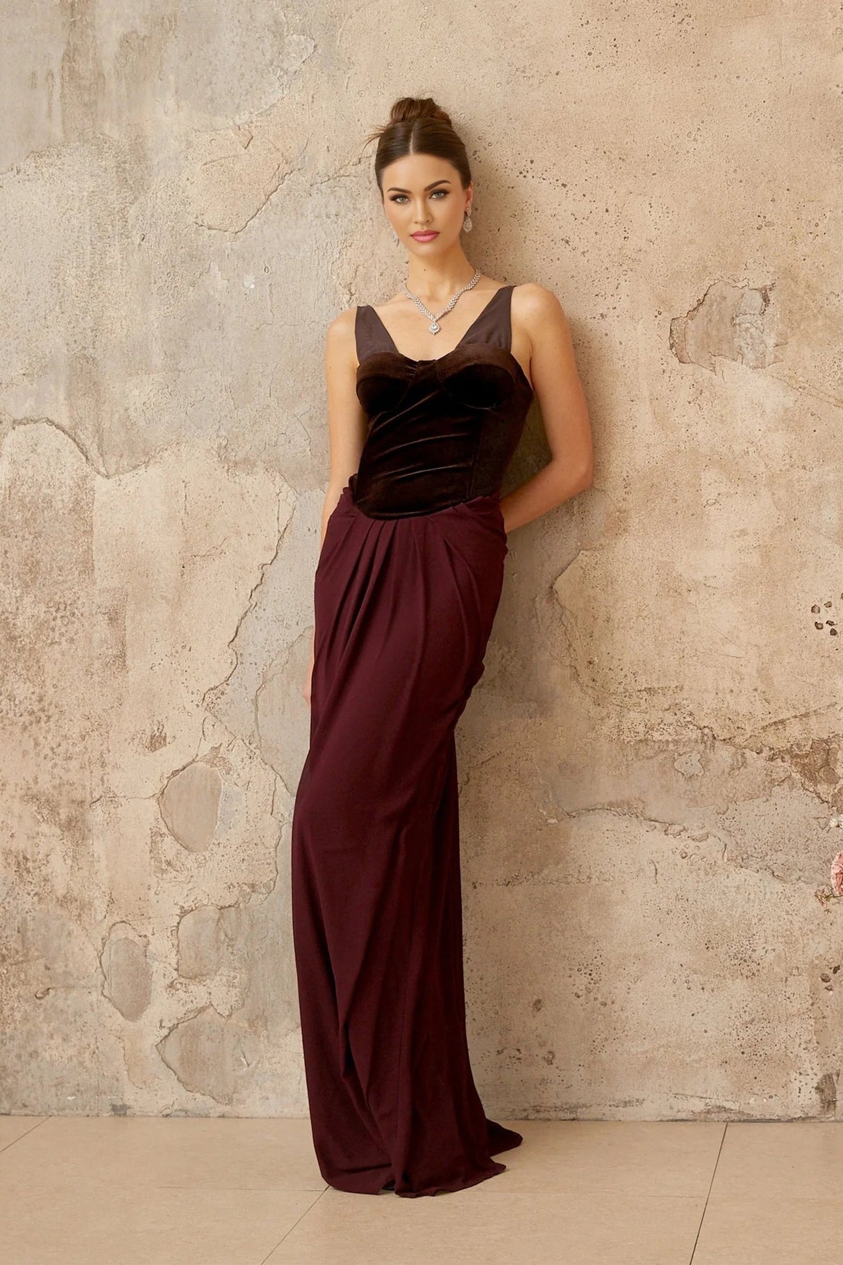Mattea Maxi Dress Burgundy & Brown Color Blocked Velvet Panel Shirred Boned Cone Back