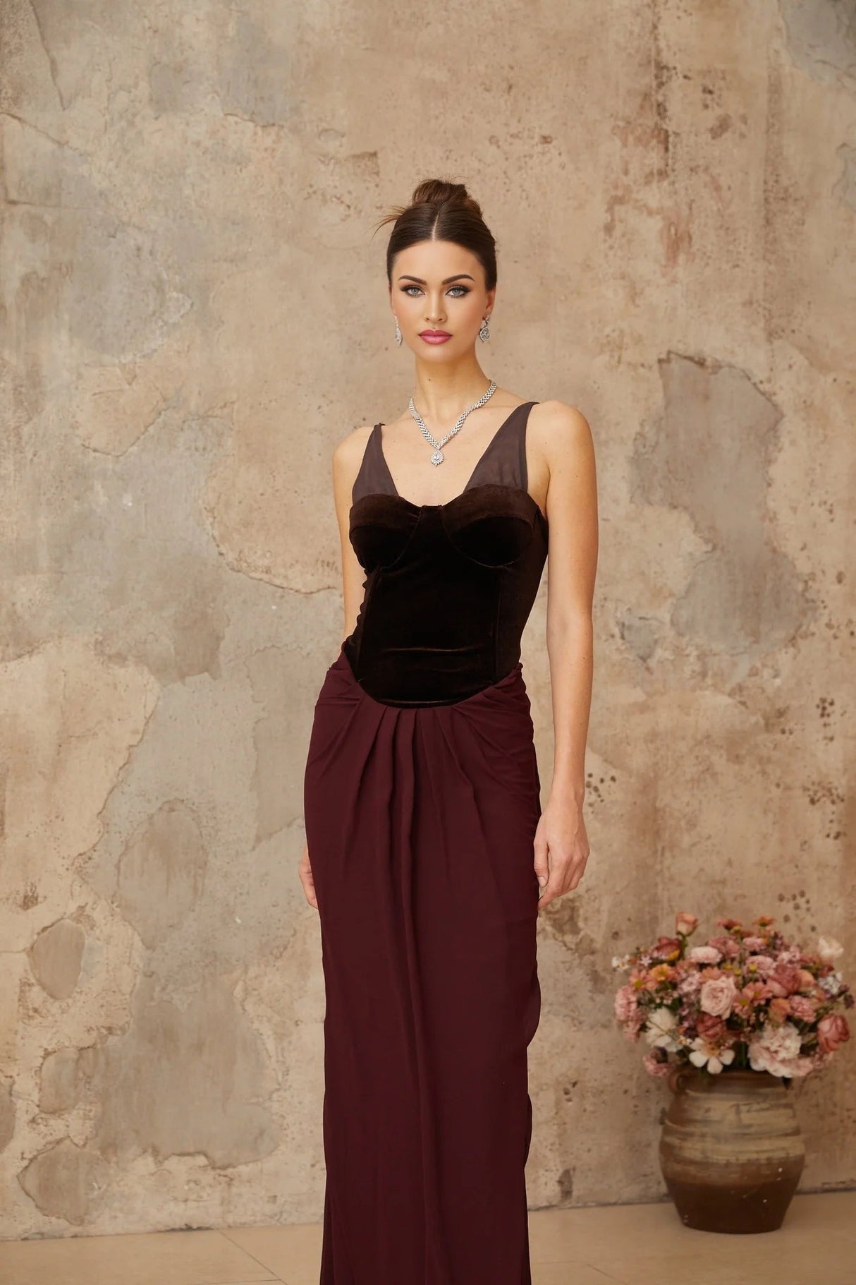 Mattea Maxi Dress Burgundy & Brown Color Blocked Velvet Panel Shirred Boned Cone Back