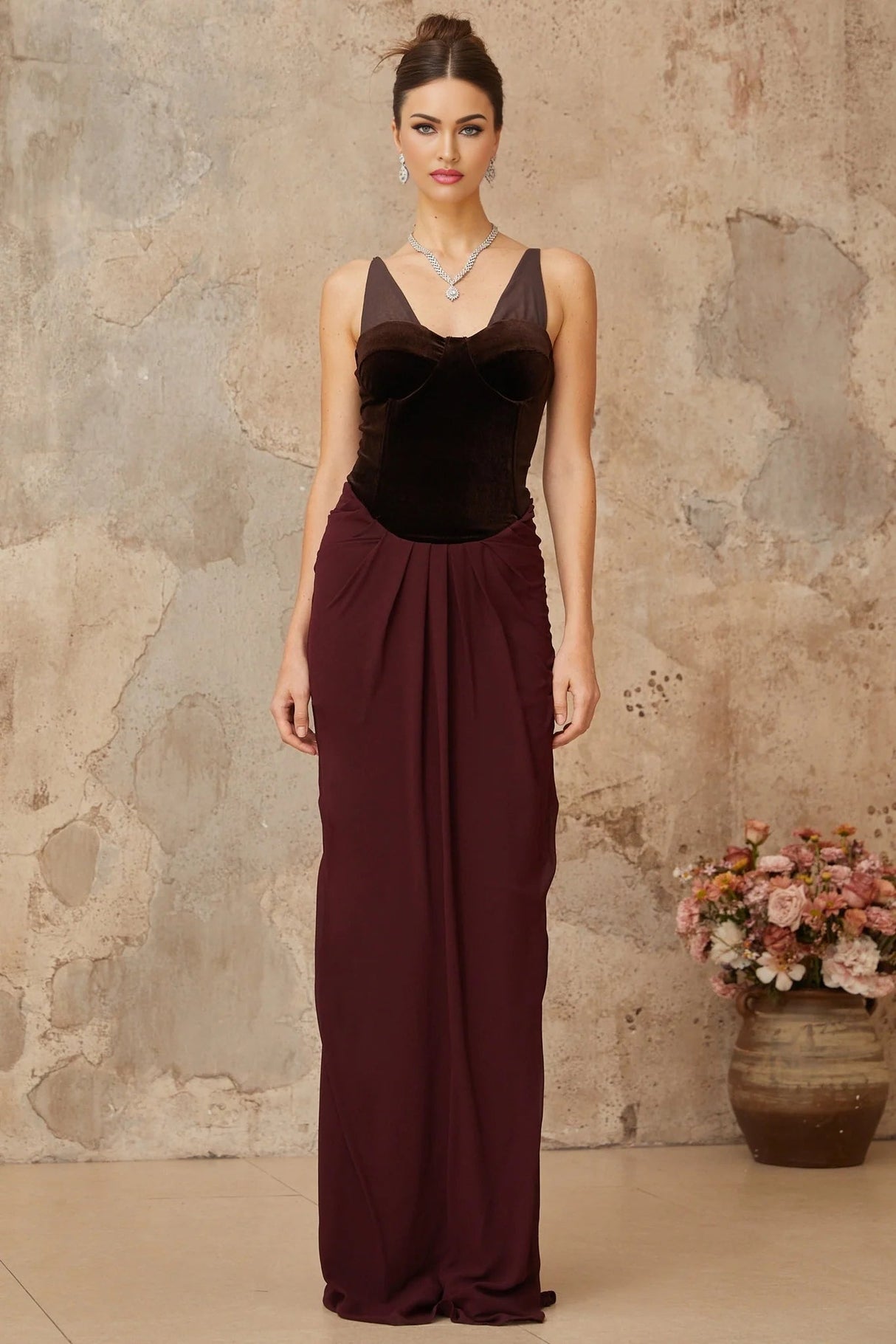 Mattea Maxi Dress Burgundy & Brown Color Blocked Velvet Panel Shirred Boned Cone Back