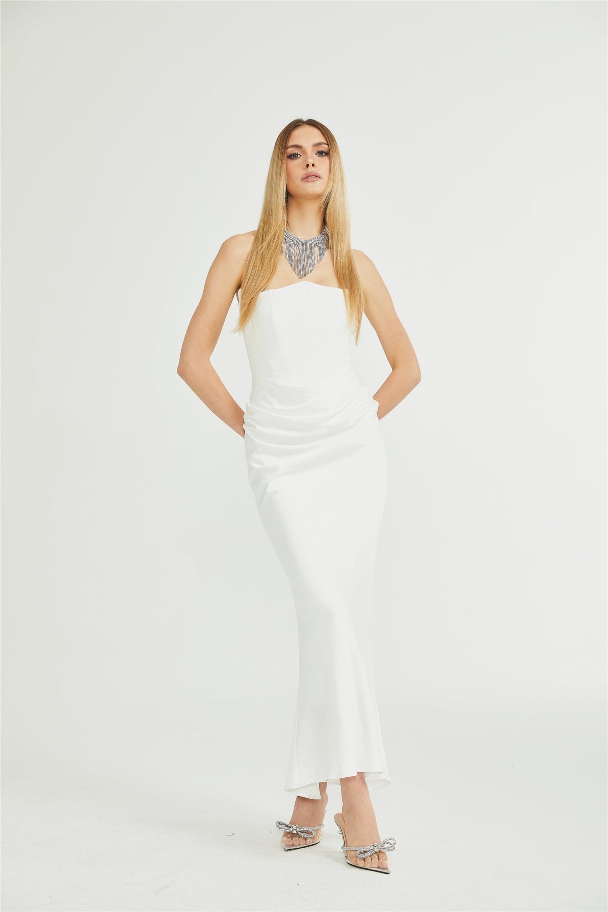 Mattea Maxi Dress in Crisp White & Off - Shoulder