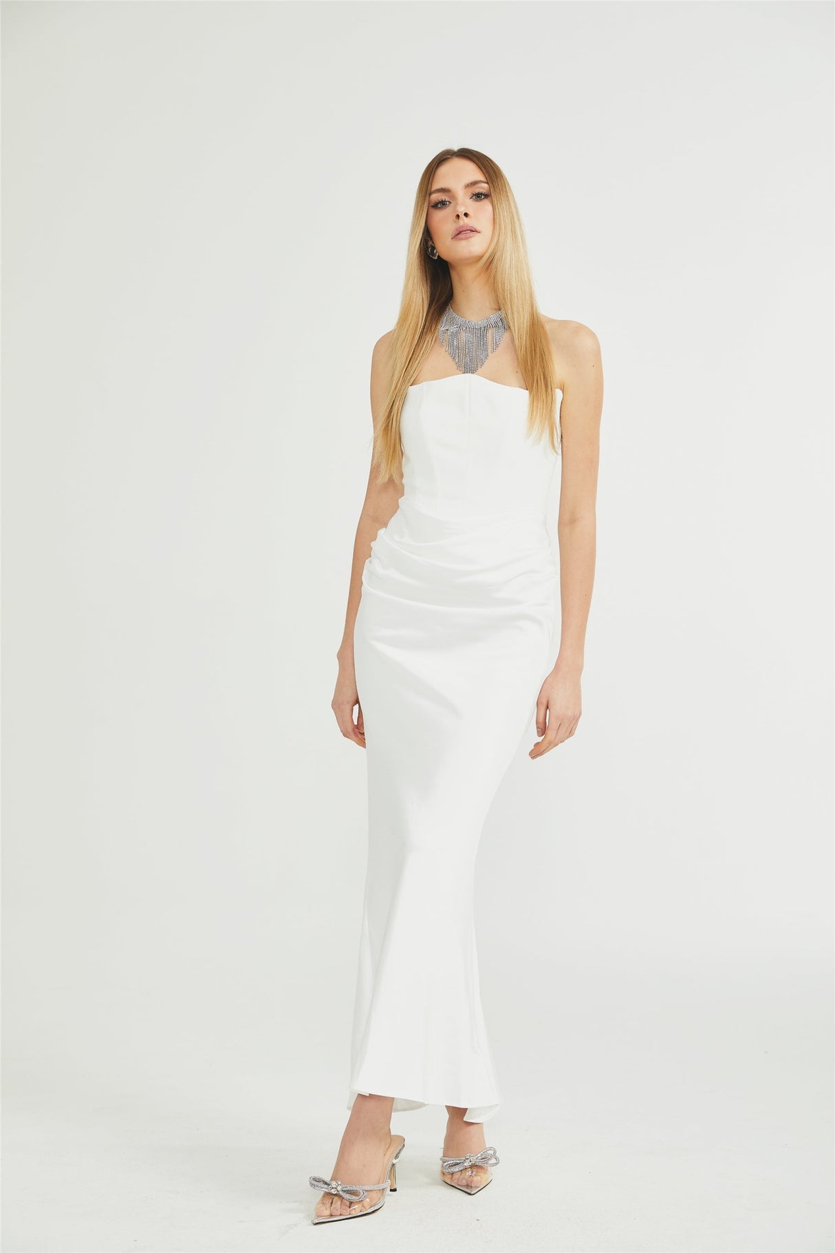 Mattea Maxi Dress in Crisp White & Off - Shoulder
