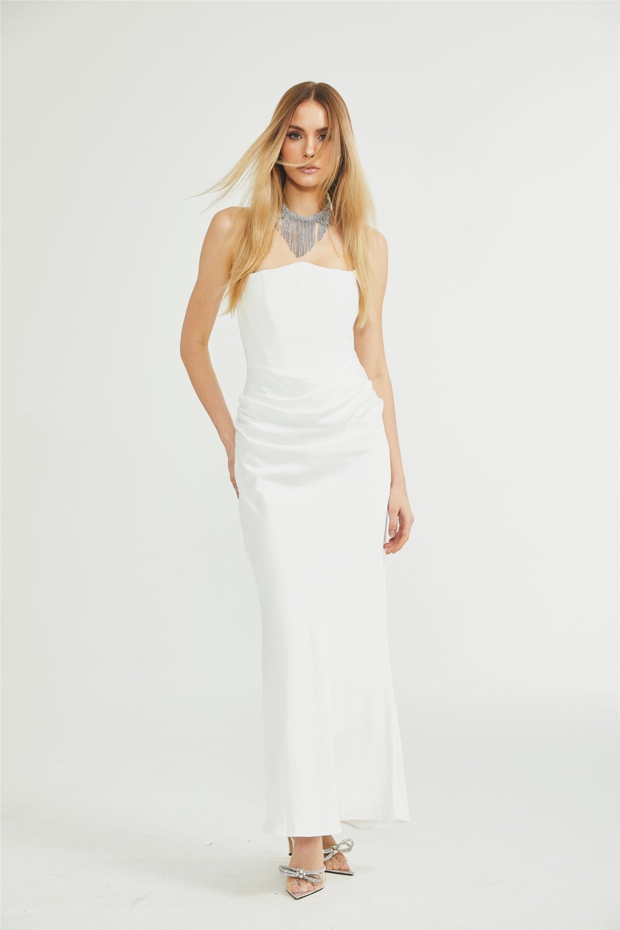 Mattea Maxi Dress in Crisp White & Off - Shoulder