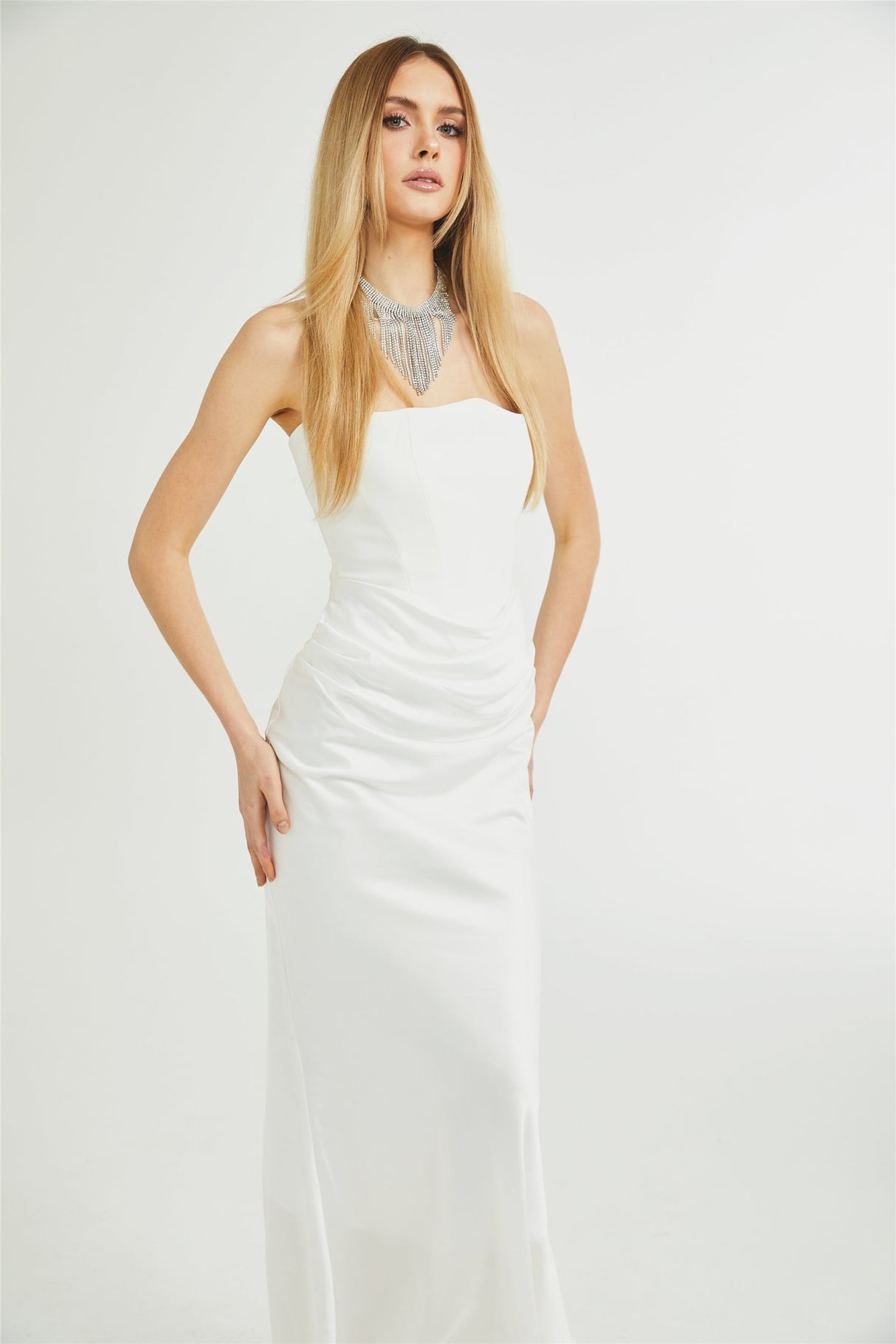 Mattea Maxi Dress in Crisp White & Off - Shoulder