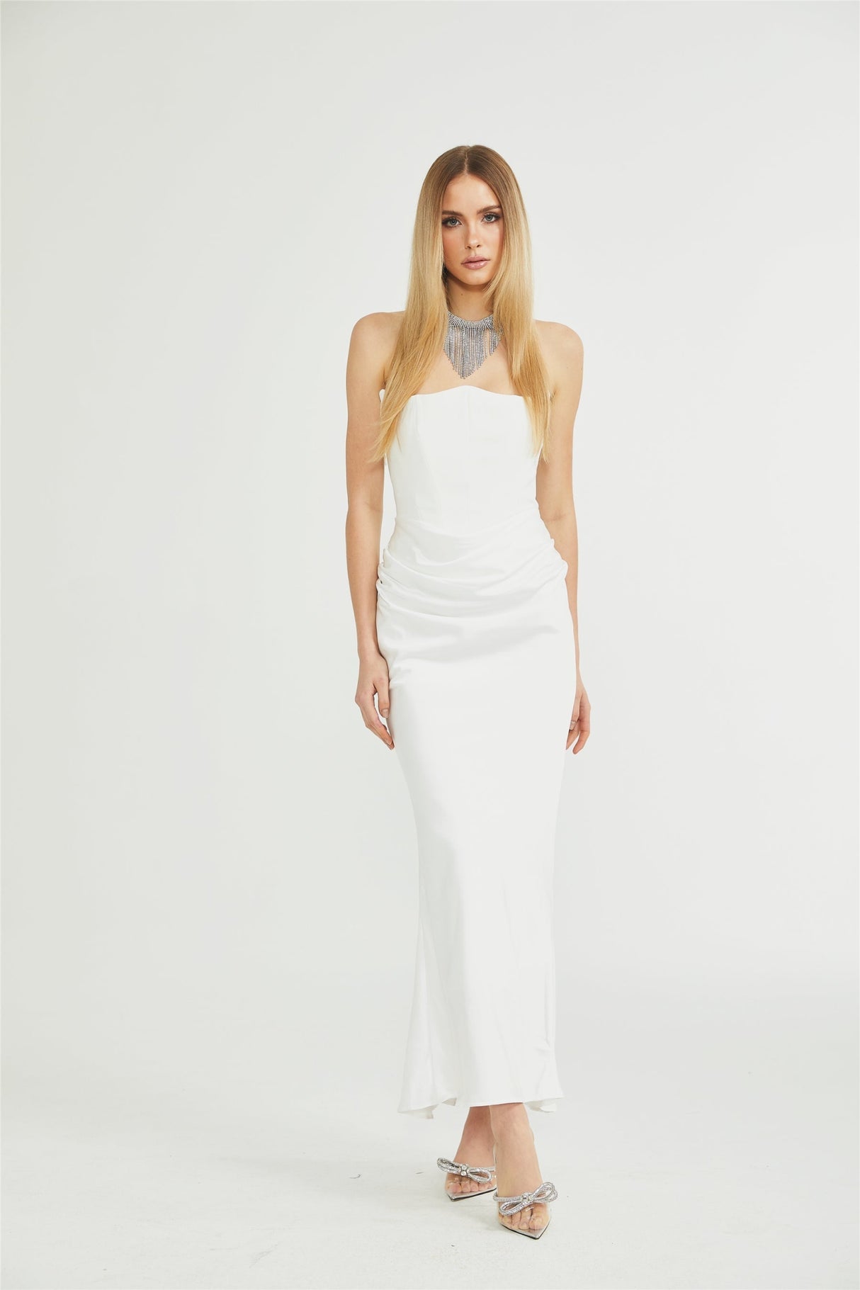 Mattea Maxi Dress in Crisp White & Off - Shoulder