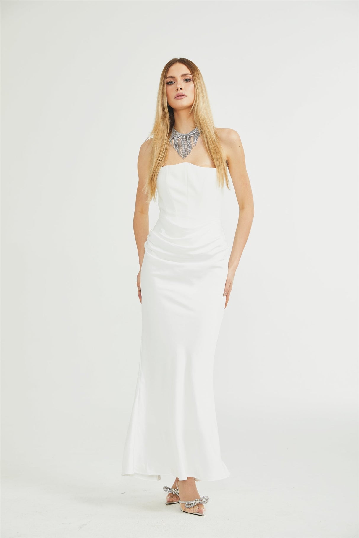 Mattea Maxi Dress in Crisp White & Off - Shoulder