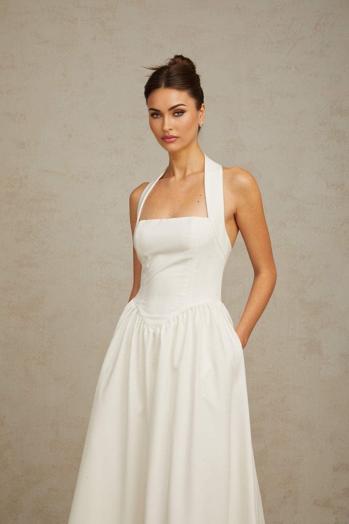 Mattea Midi Dress Halterneck Open Back Pleated Flare White
