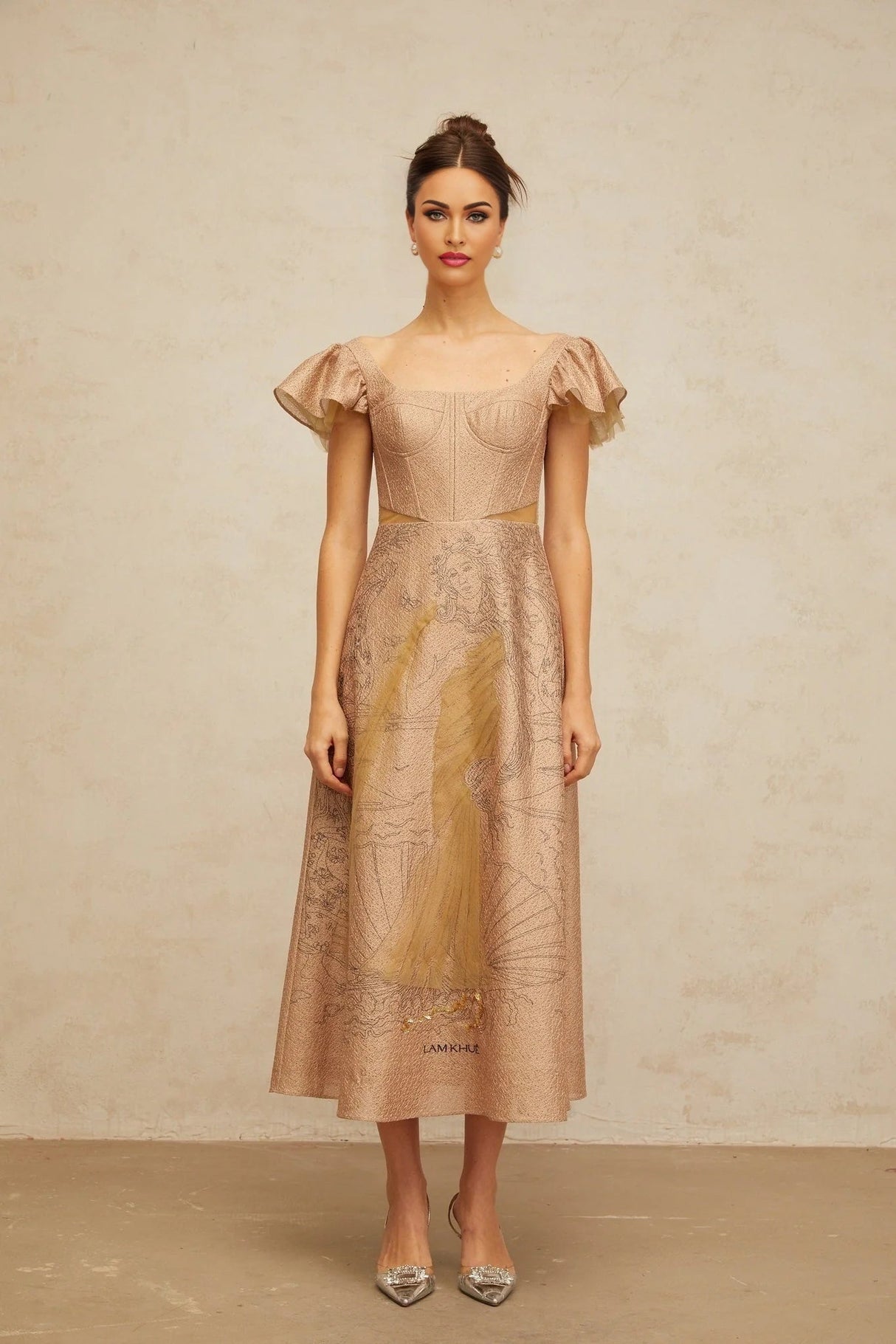 Mattea Midi Dress Khaki Graphic - Print Flared Sequin & Tulle