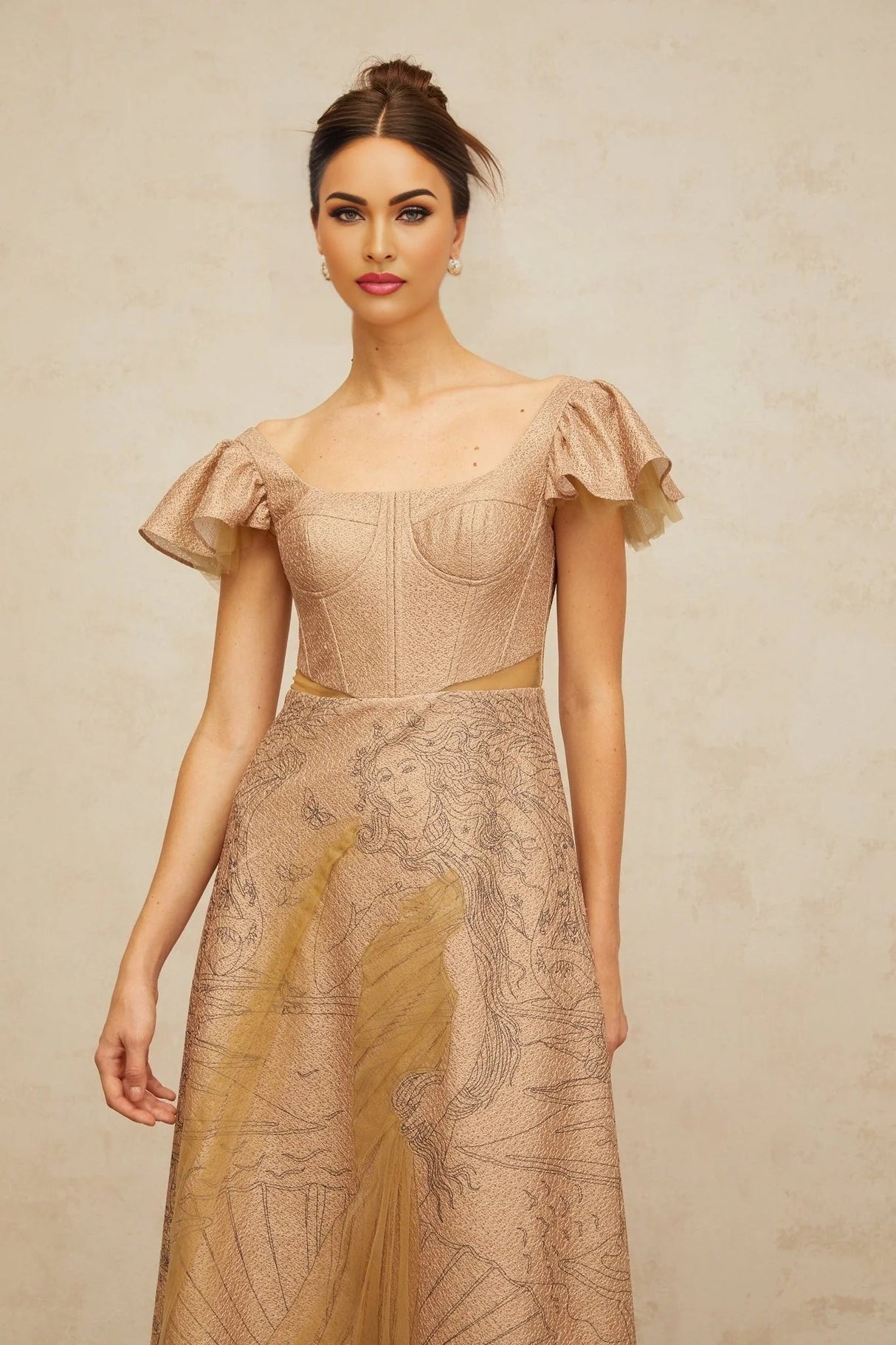 Mattea Midi Dress Khaki Graphic - Print Flared Sequin & Tulle