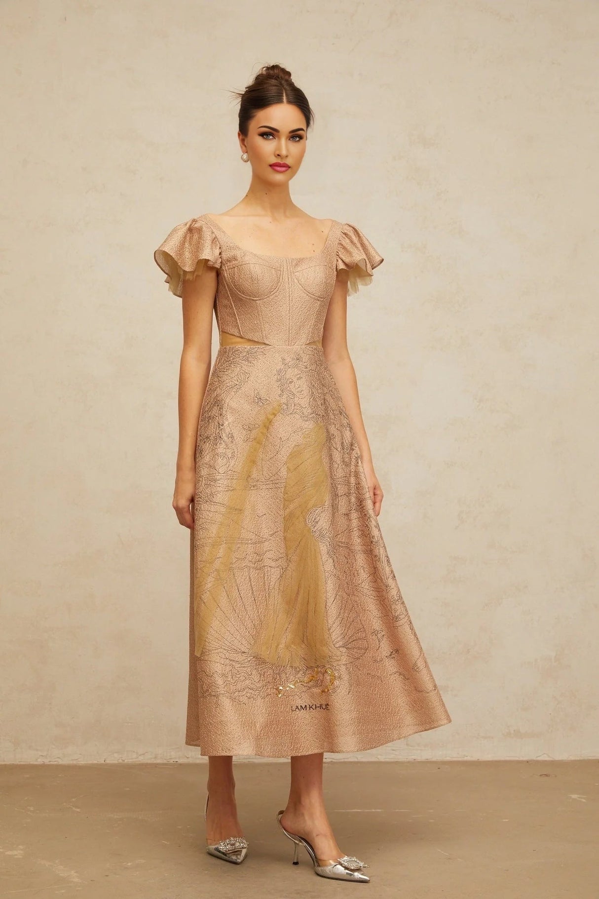 Mattea Midi Dress Khaki Graphic - Print Flared Sequin & Tulle