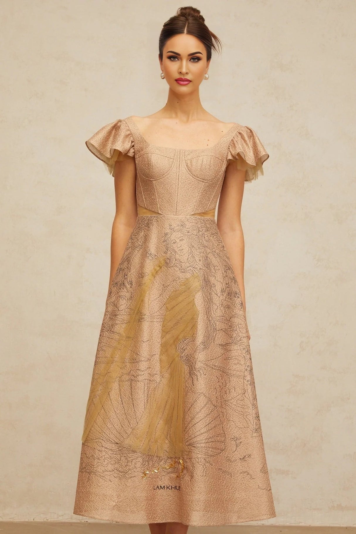 Mattea Midi Dress Khaki Graphic - Print Flared Sequin & Tulle