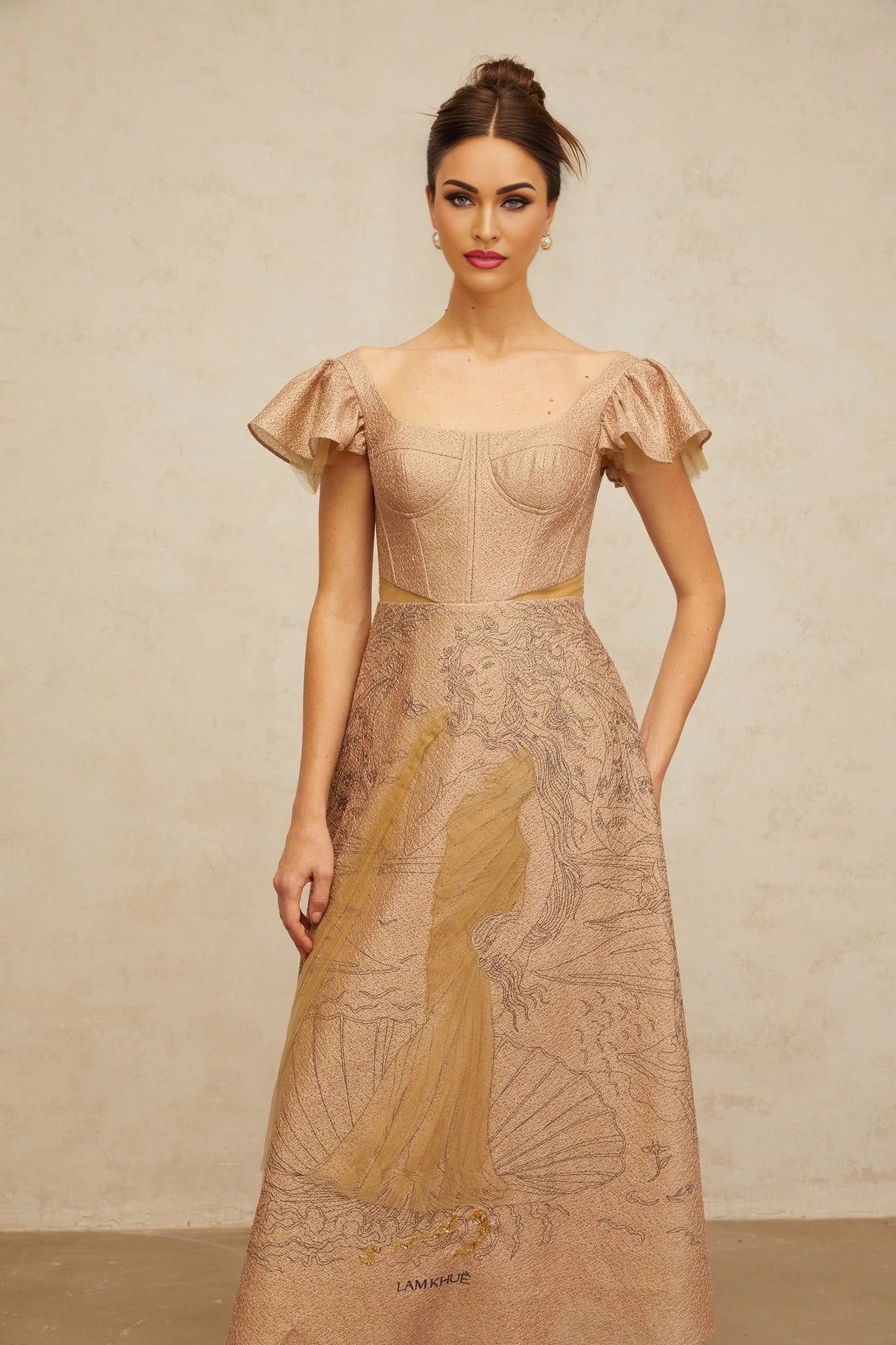 Mattea Midi Dress Khaki Graphic - Print Flared Sequin & Tulle