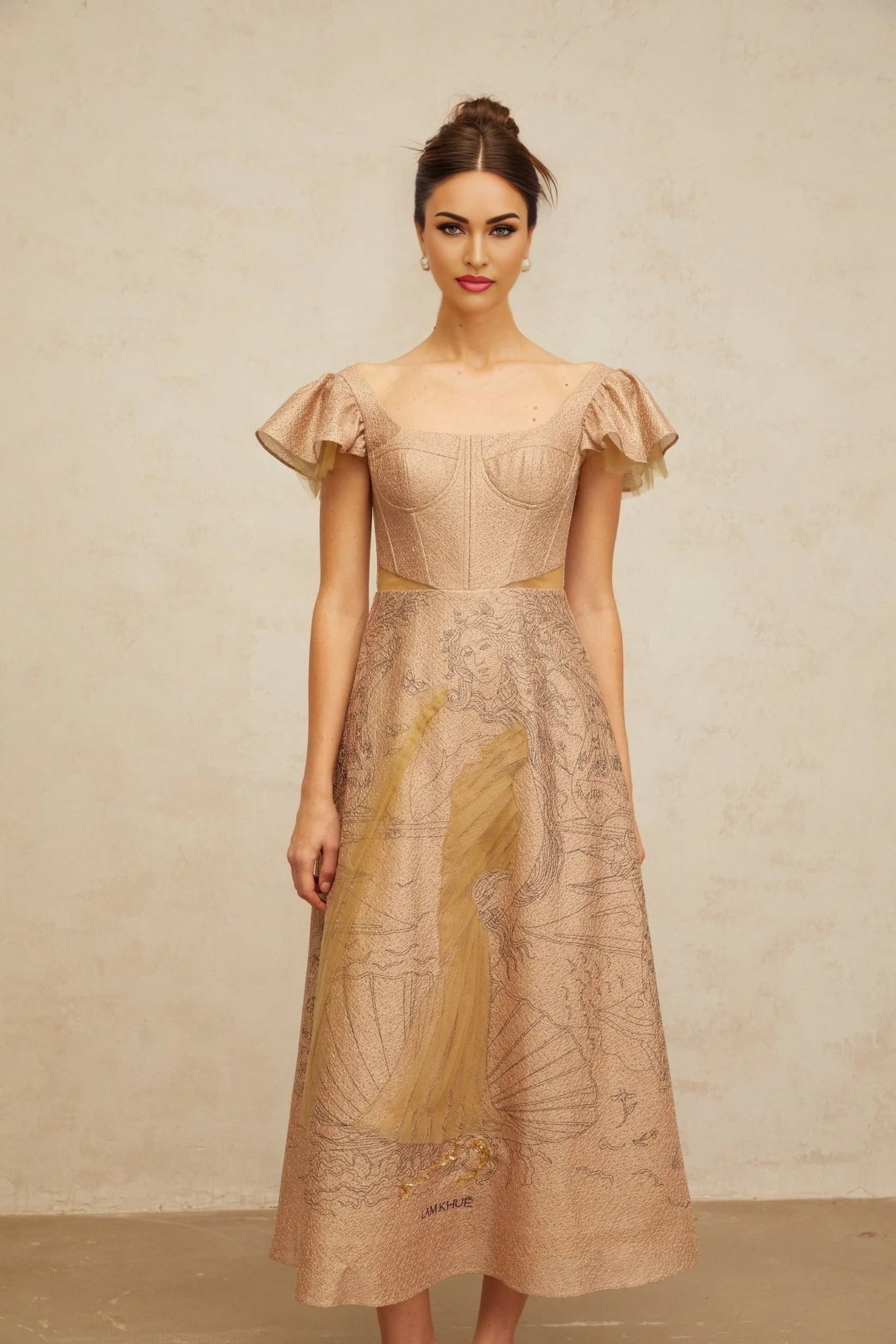 Mattea Midi Dress Khaki Graphic - Print Flared Sequin & Tulle