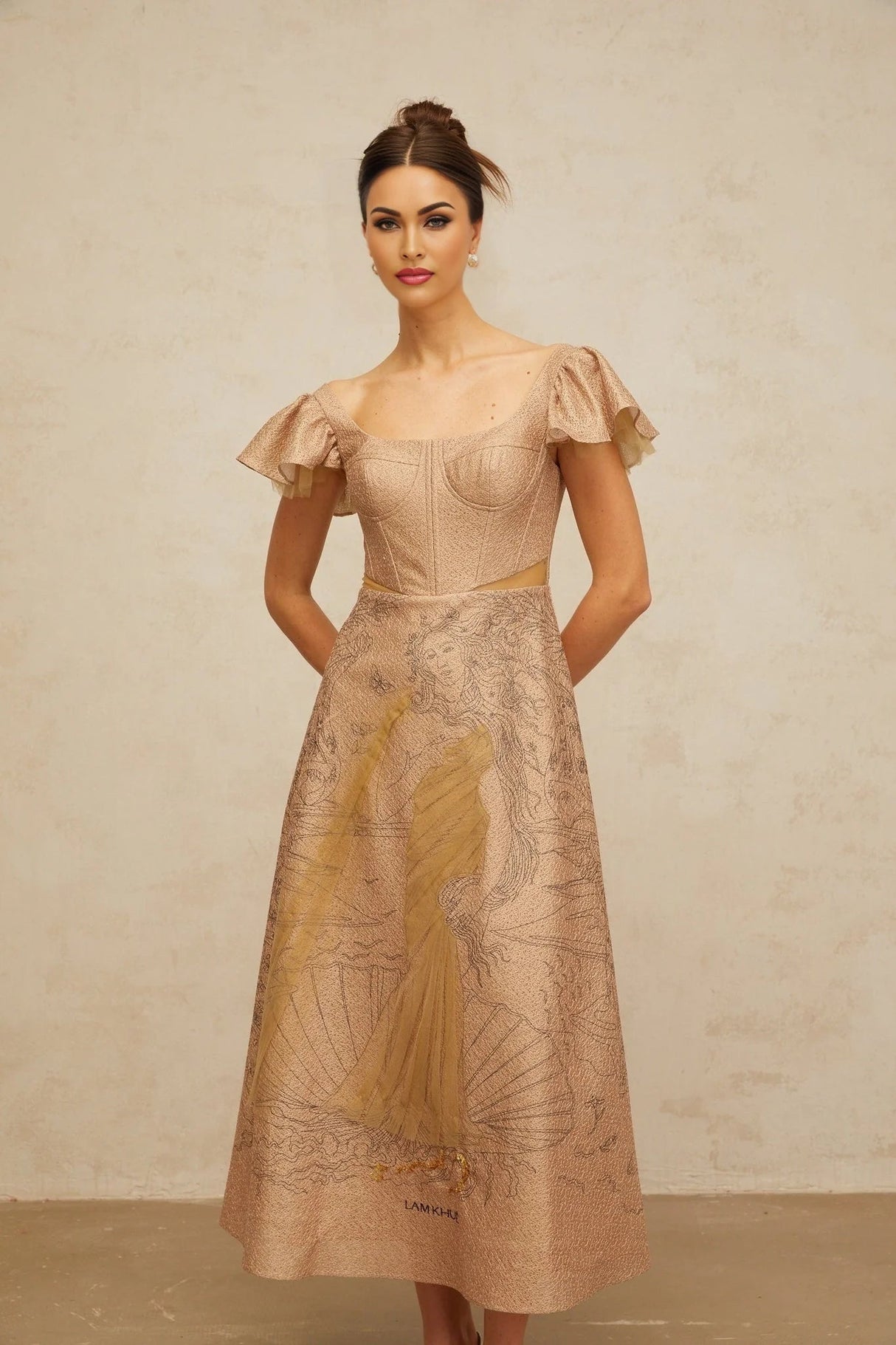 Mattea Midi Dress Khaki Graphic - Print Flared Sequin & Tulle