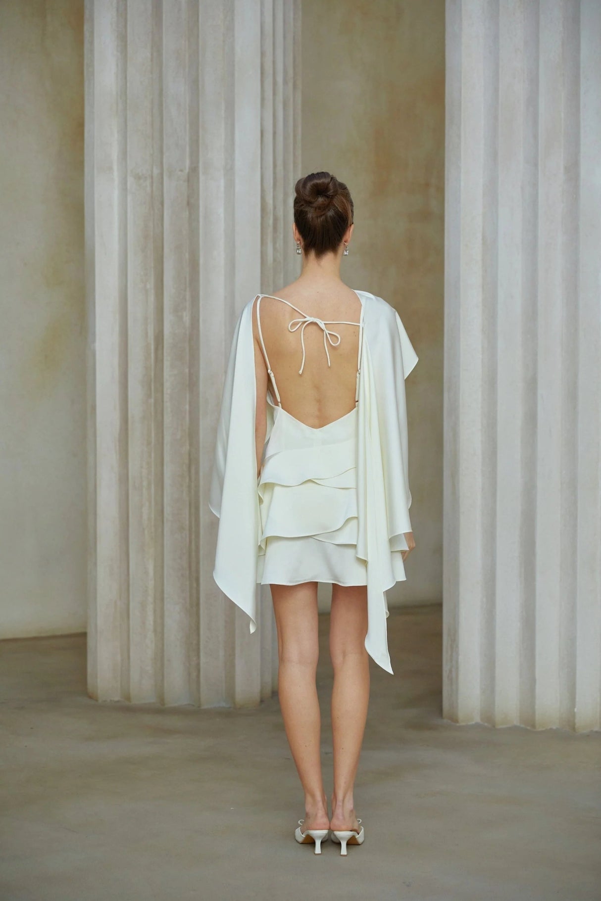 Mattea Mini Dress White Satin Ruffled Shawl Panel Open Back & Thigh - Length