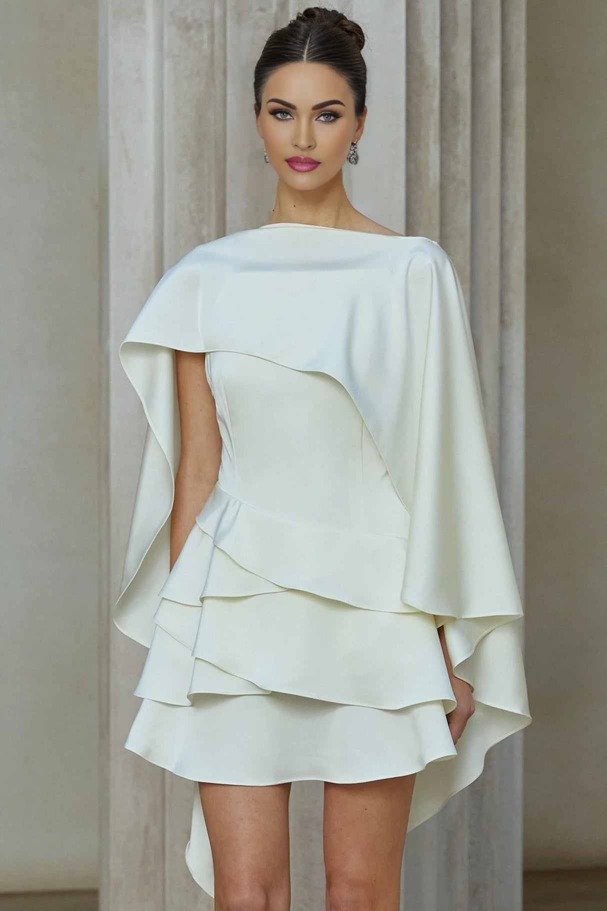 Mattea Mini Dress White Satin Ruffled Shawl Panel Open Back & Thigh - Length