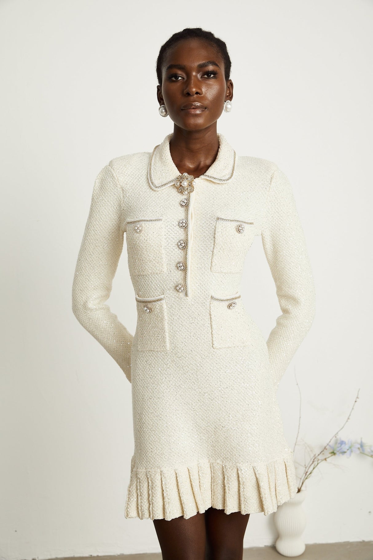 Mattea Mini Dress White Tweed Sequin Sparkle Pleated & Chic