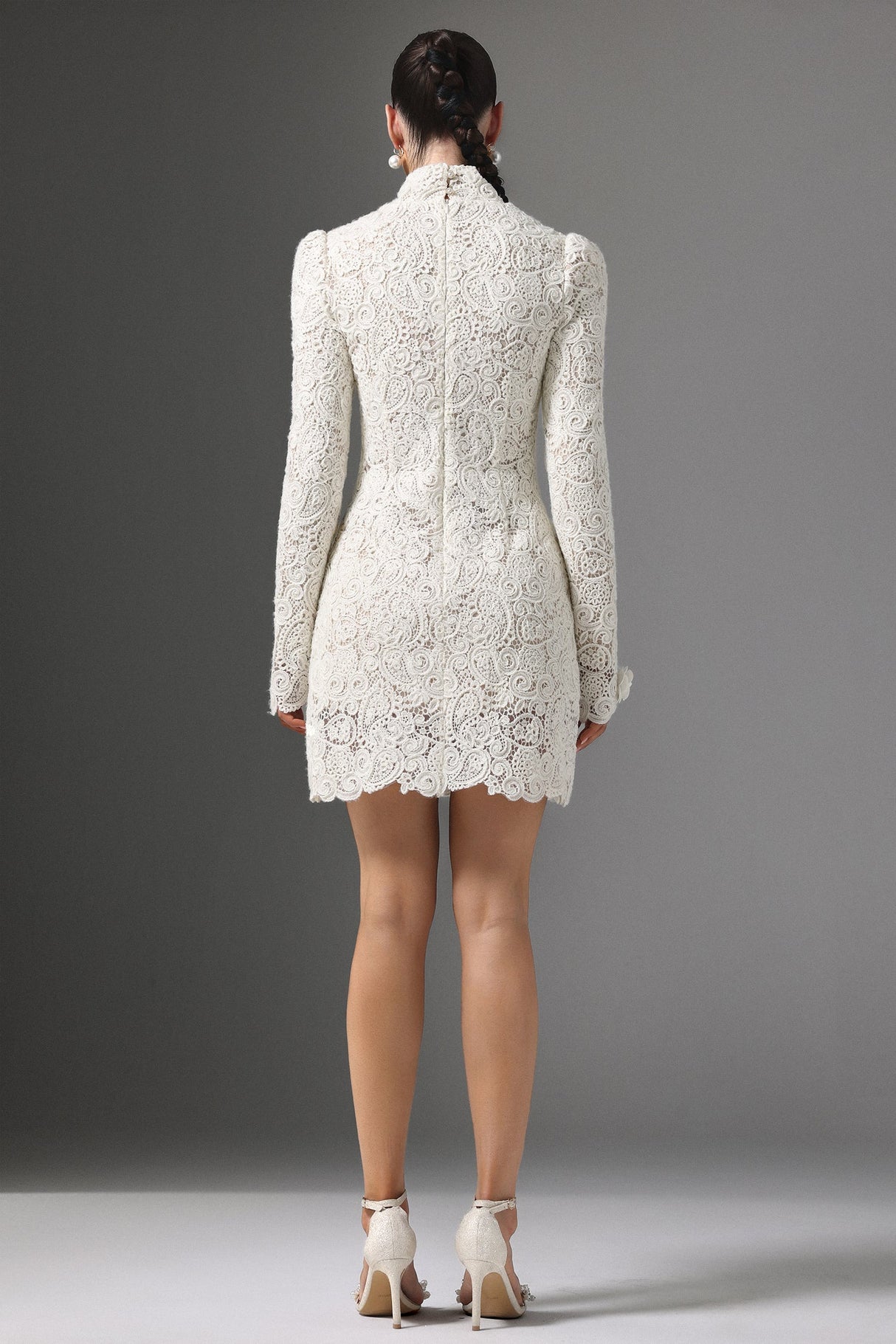 Mattea White Lace Floral Embellished High Neck Bodycon Dress with Long Sleeves and Scalloped Hemline