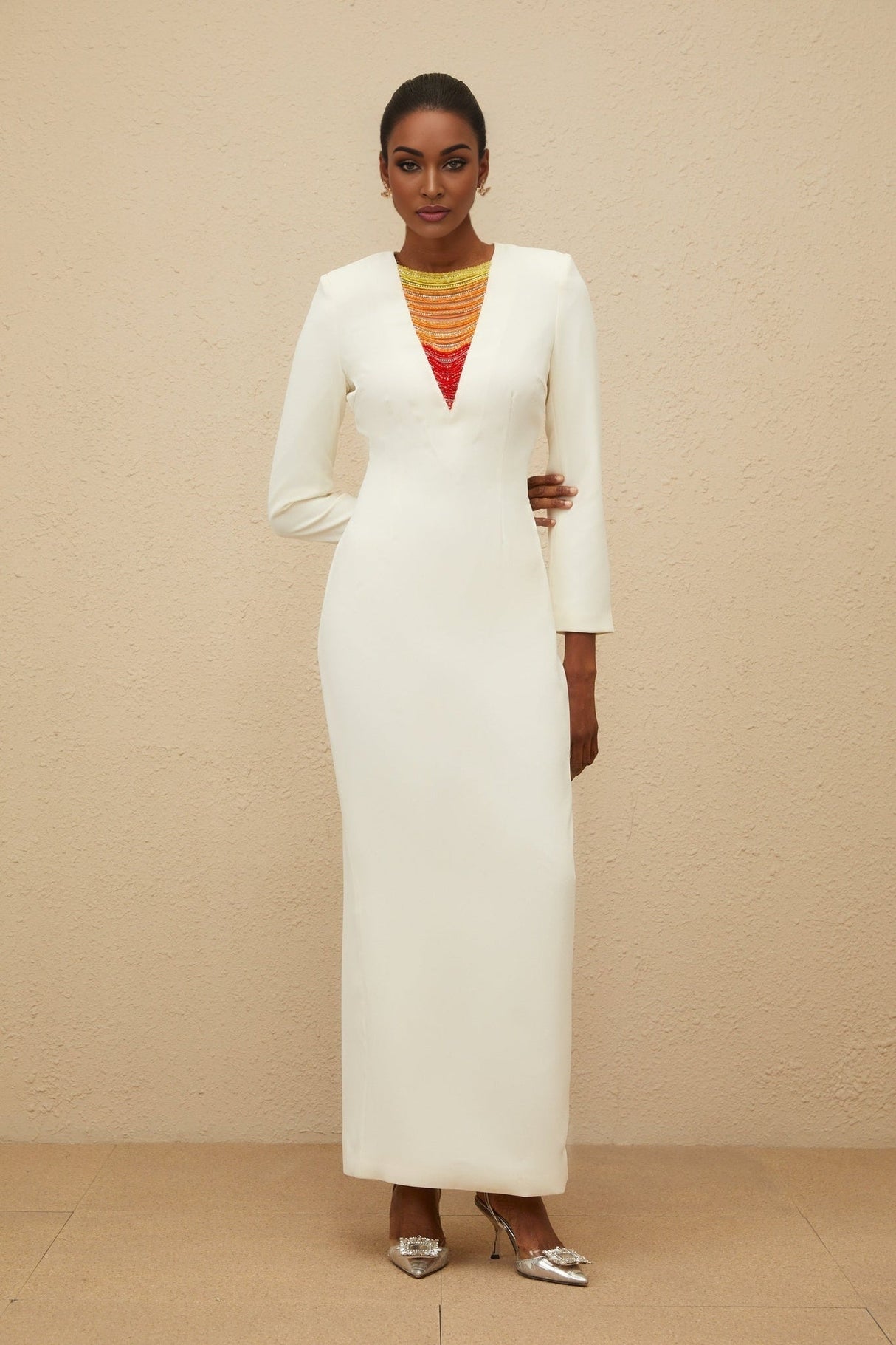 Maxi Dress - Beaded Accent - Multicolor - Long Sleeve - Fitted Waistline