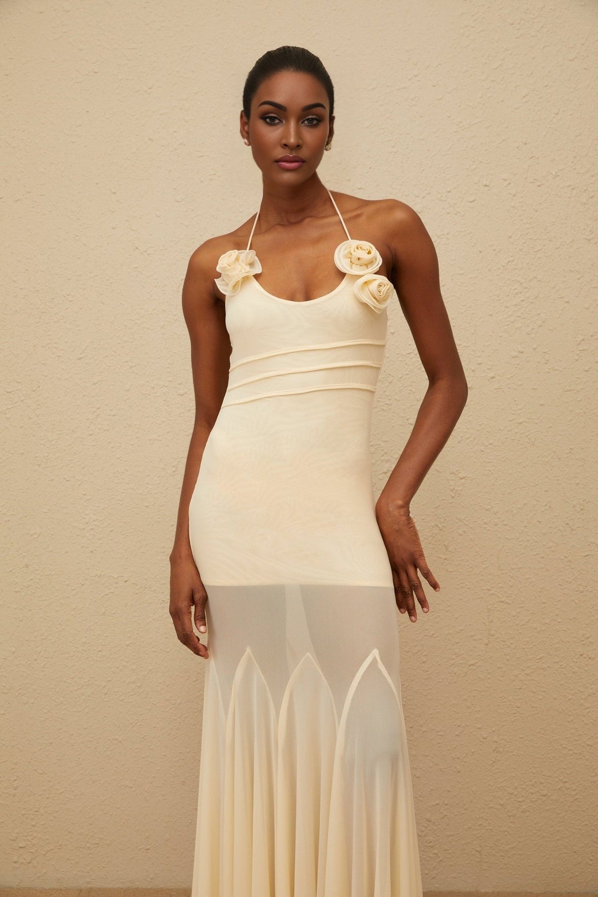 Maxi Dress - halter neck - Sleeveless - Mesh Fabric - Godet Design