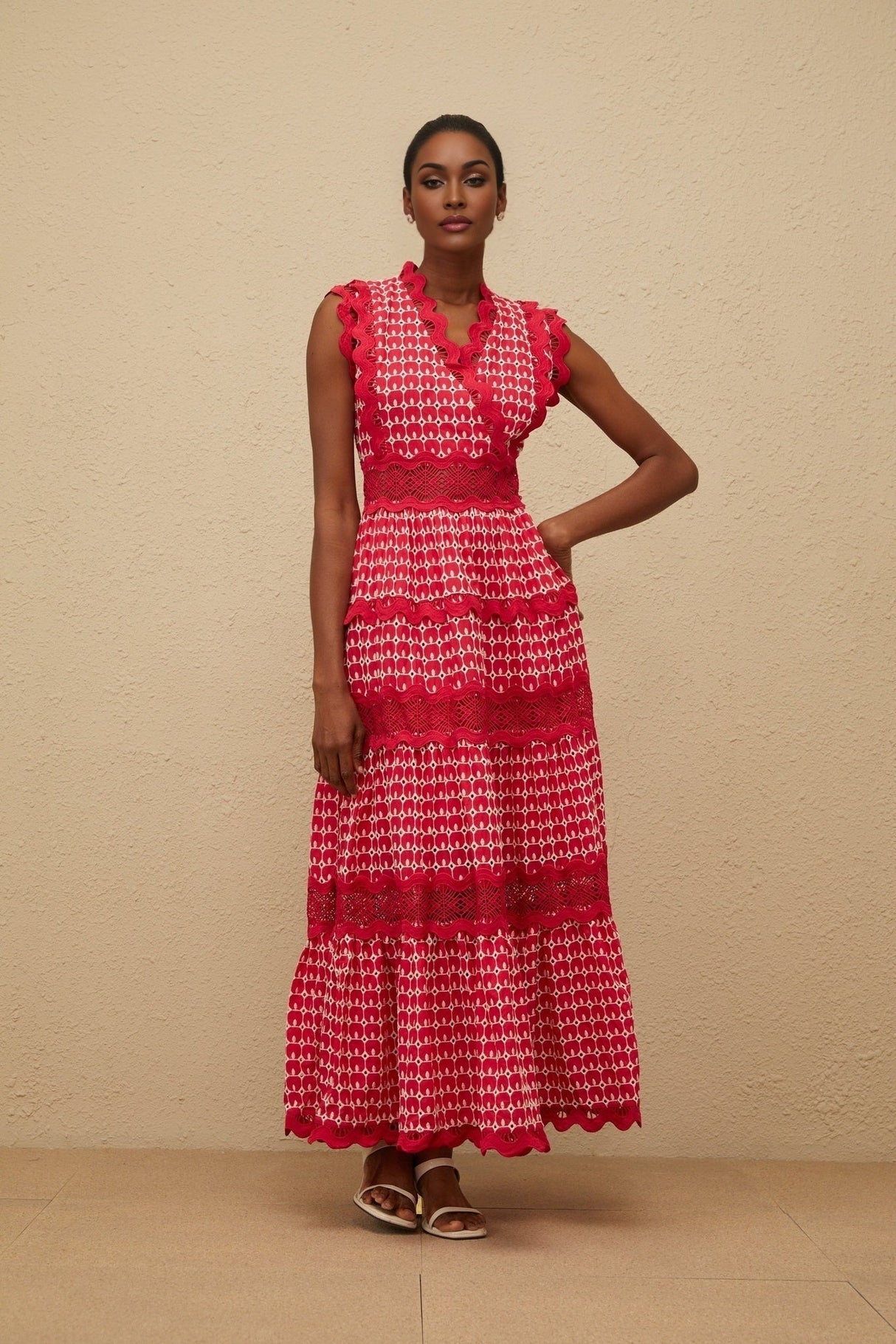 Maxi Dress - Red Lace Panel Layered Scallop Trim