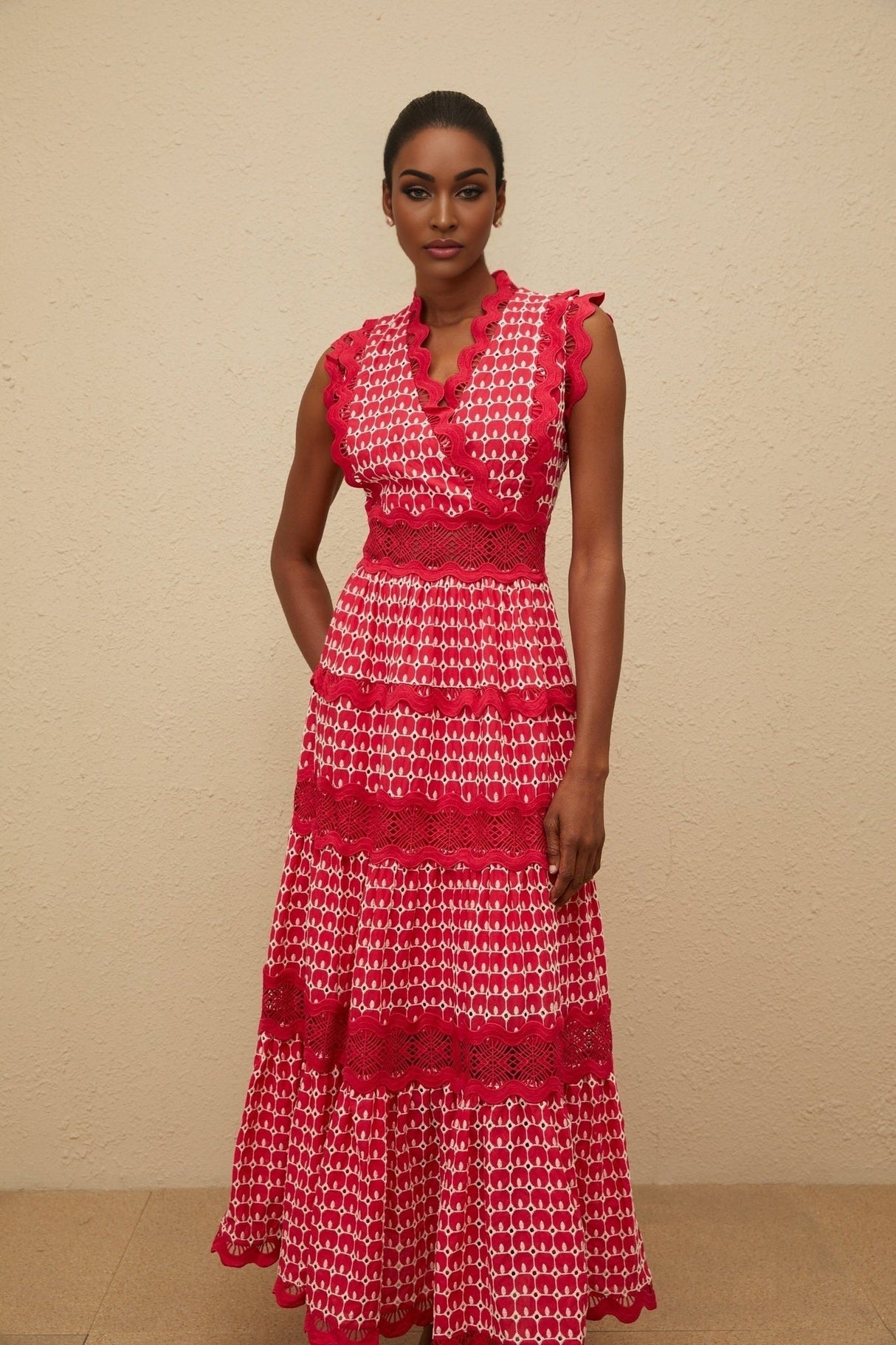 Maxi Dress - Red Lace Panel Layered Scallop Trim