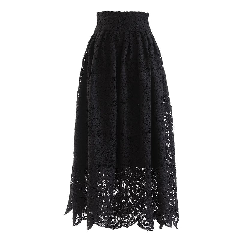 Maxi Lace Skirt - Flowing Flared Silhouette - Elegant Floral Pattern - High - Waisted Fit - Delicate Lace Trim - Versatile Style