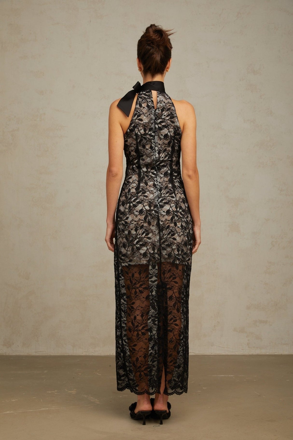 Maya Floral Maxi Dress - Romantic Black Lace Halterneck With Layered Design