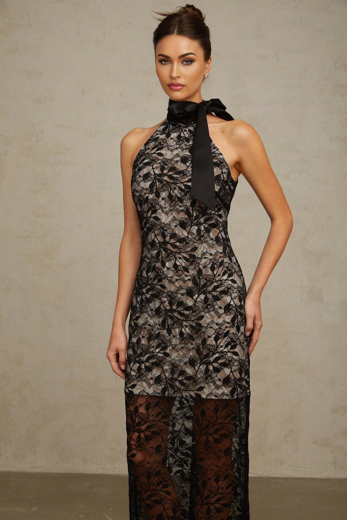 Maya Floral Maxi Dress - Romantic Black Lace Halterneck With Layered Design