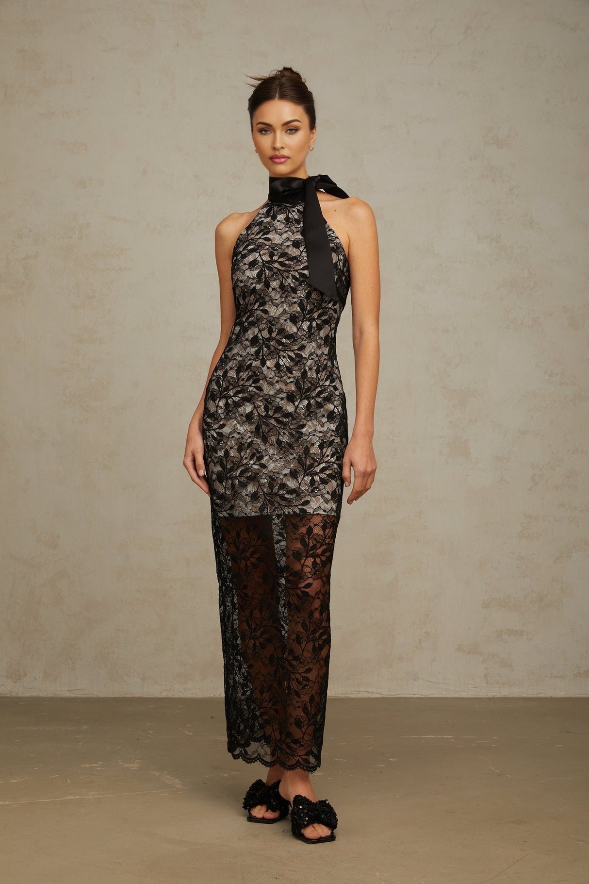 Maya Floral Maxi Dress - Romantic Black Lace Halterneck With Layered Design