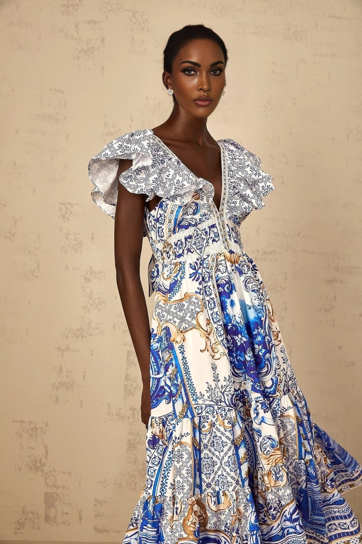 Maya Midi Dress Blue Baroque Print Ruffled Tiered Open Back