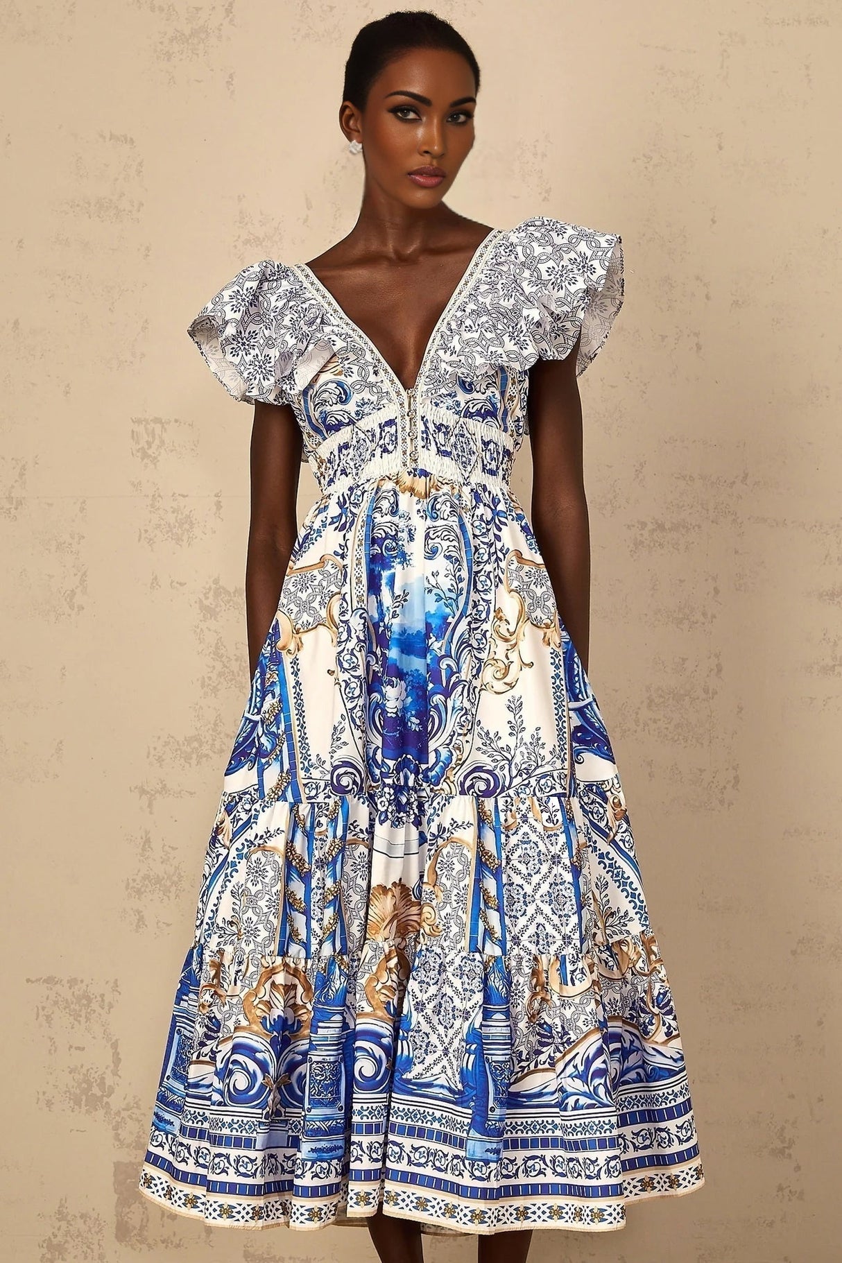 Maya Midi Dress Blue Baroque Print Ruffled Tiered Open Back