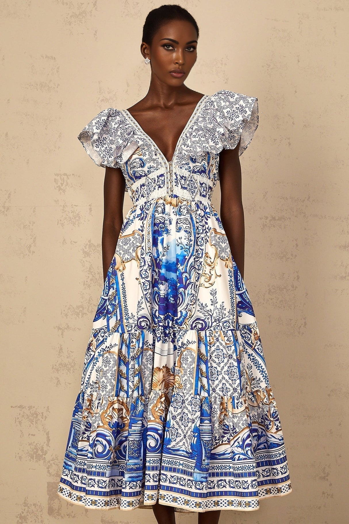 Maya Midi Dress Blue Baroque Print Ruffled Tiered Open Back