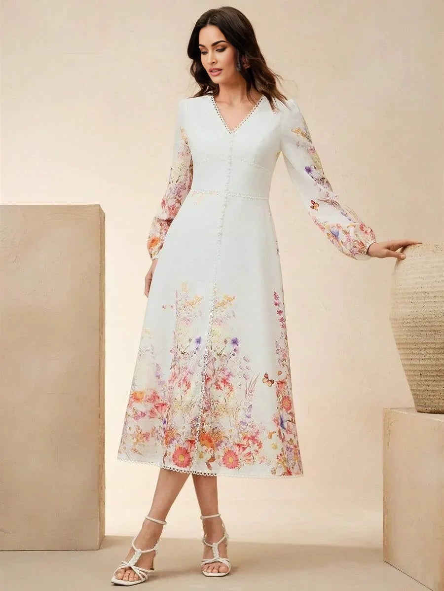 Maya Midi Dress - V Neck - Bishop Sleeve - High Waist - A Line - Elegant