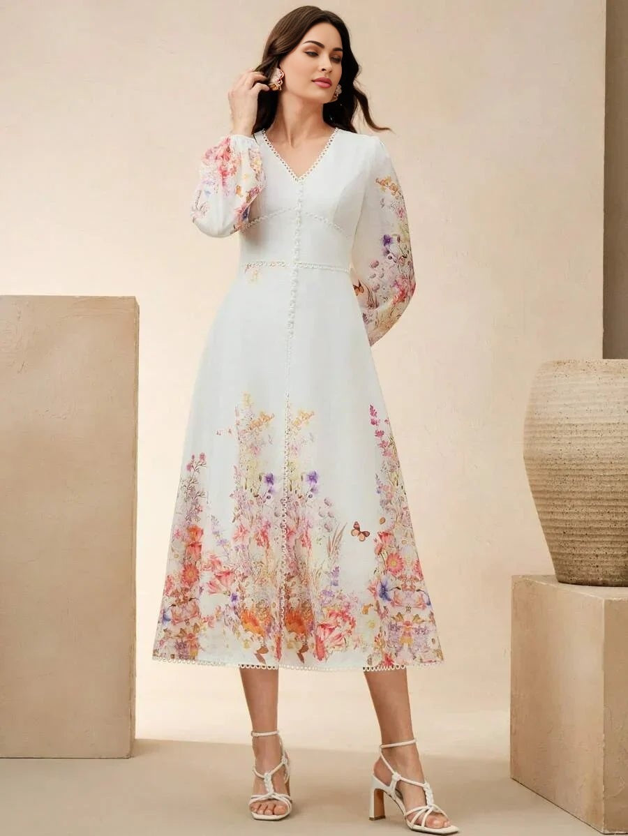 Maya Midi Dress - V Neck - Bishop Sleeve - High Waist - A Line - Elegant