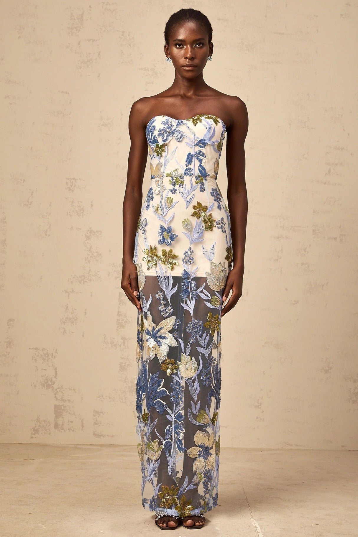 Mckenna Maxi Dress Blue Sequined Flower Embroidered Sweetheart Corset