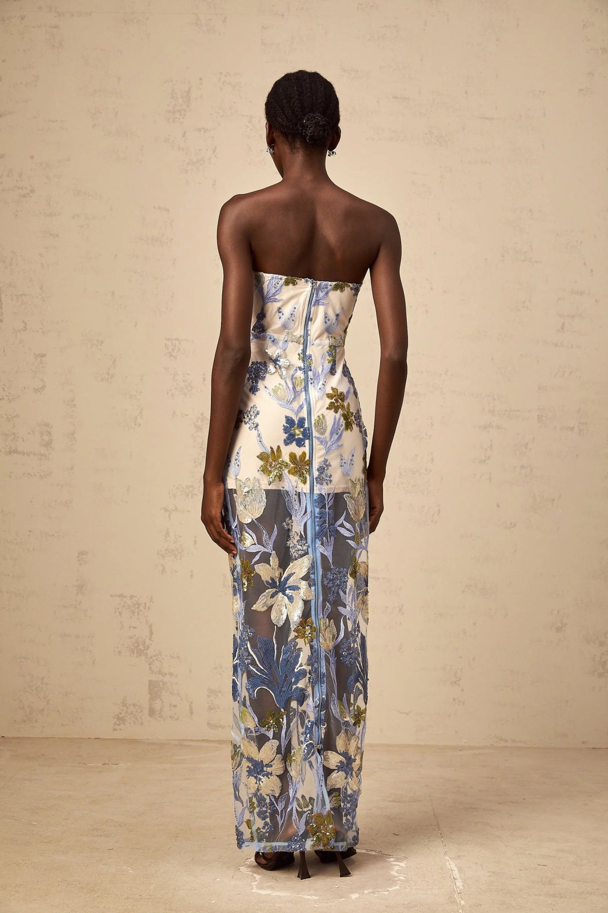 Mckenna Maxi Dress Blue Sequined Flower Embroidered Sweetheart Corset