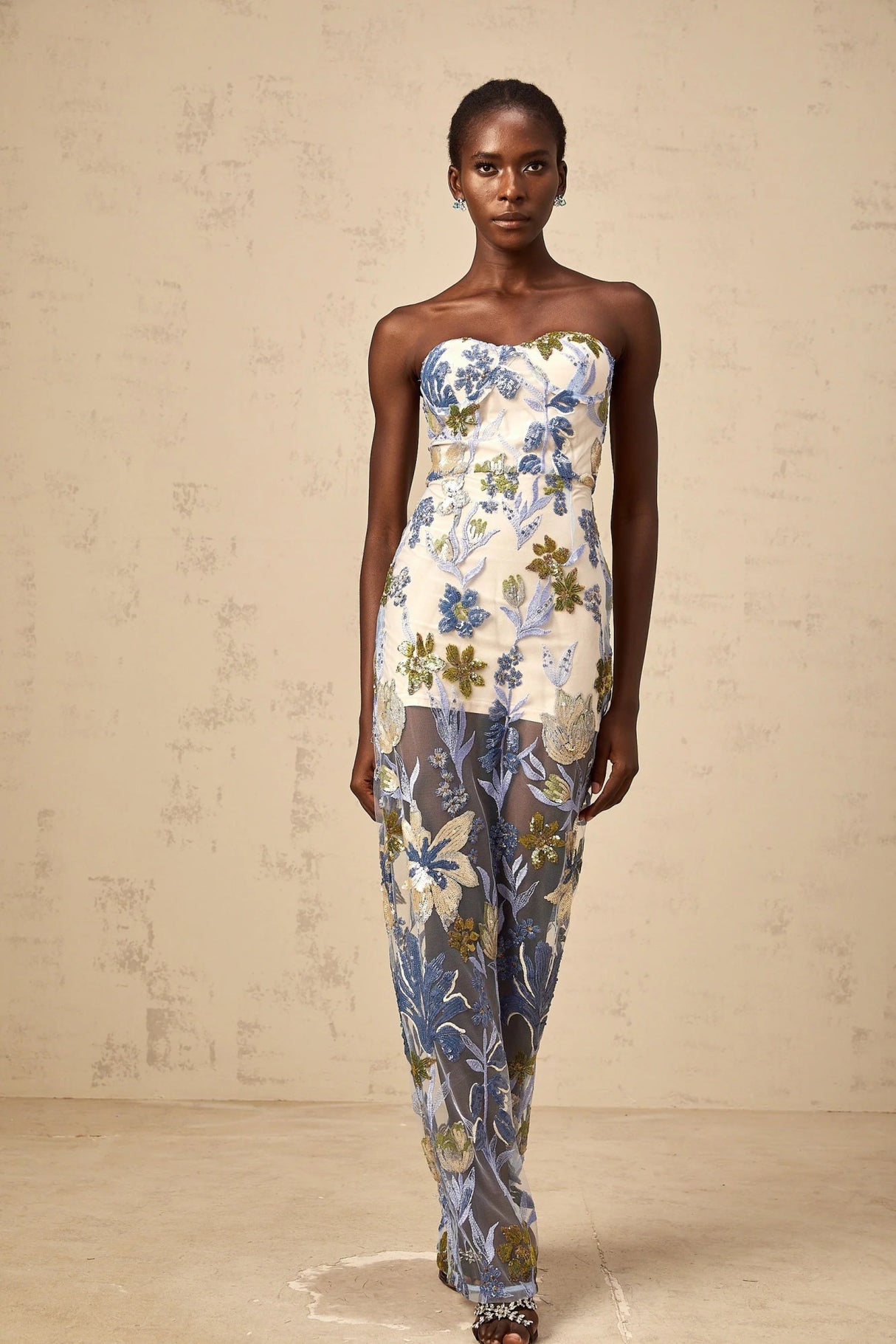 Mckenna Maxi Dress Blue Sequined Flower Embroidered Sweetheart Corset