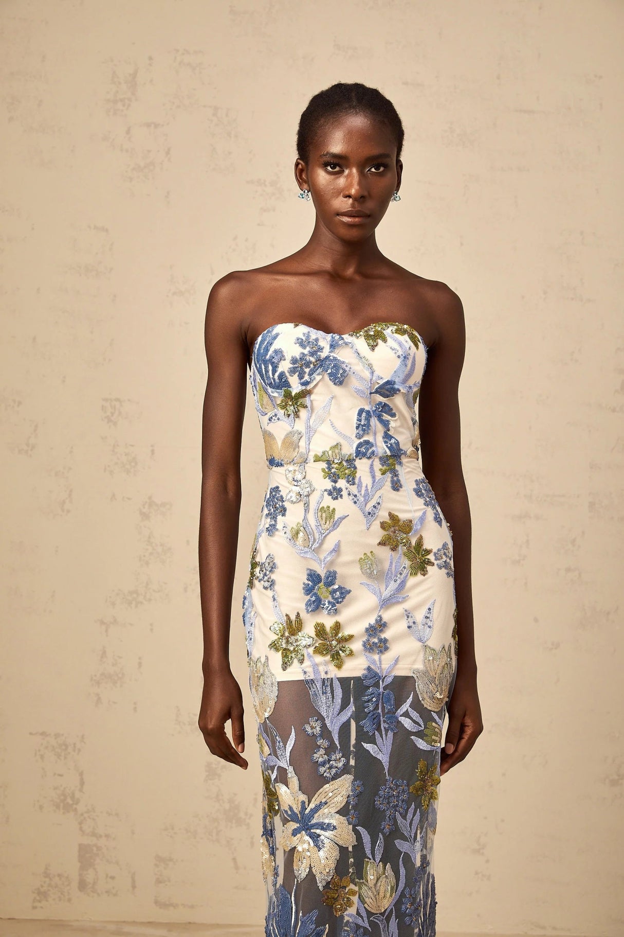 Mckenna Maxi Dress Blue Sequined Flower Embroidered Sweetheart Corset