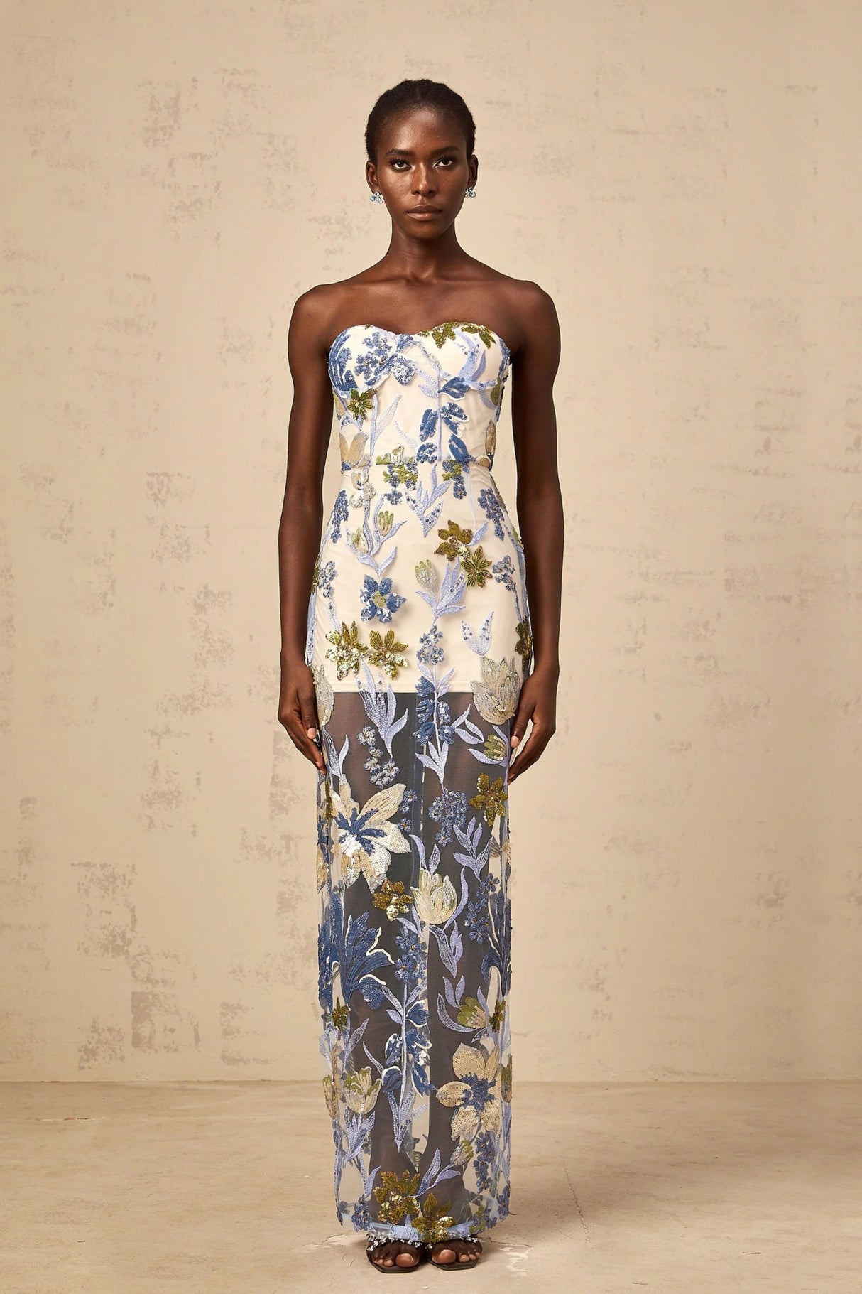 Mckenna Maxi Dress Blue Sequined Flower Embroidered Sweetheart Corset