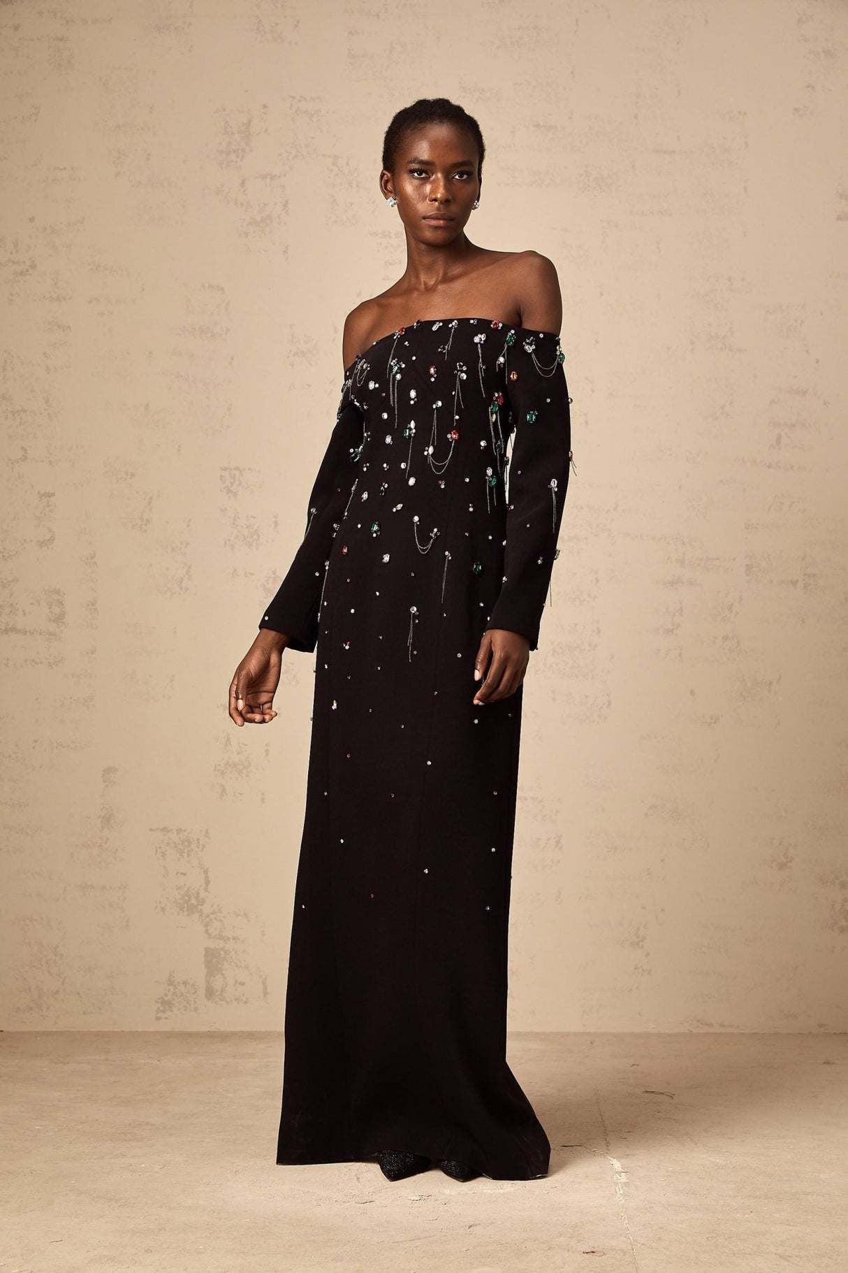 Mckenna Maxi Dress - Off - Shoulder Black with Crystal Embellishments & Fringe Details