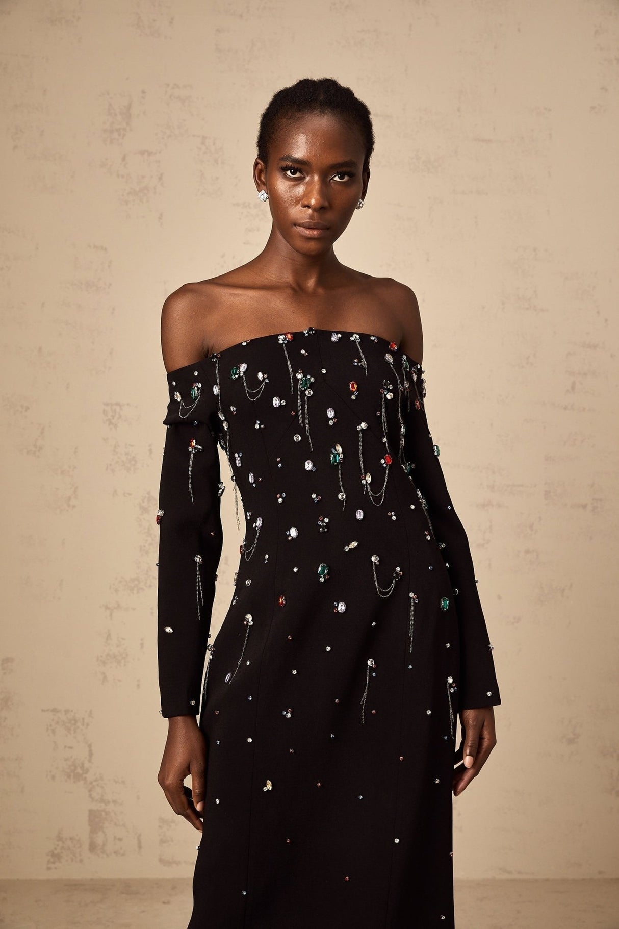 Mckenna Maxi Dress - Off - Shoulder Black with Crystal Embellishments & Fringe Details