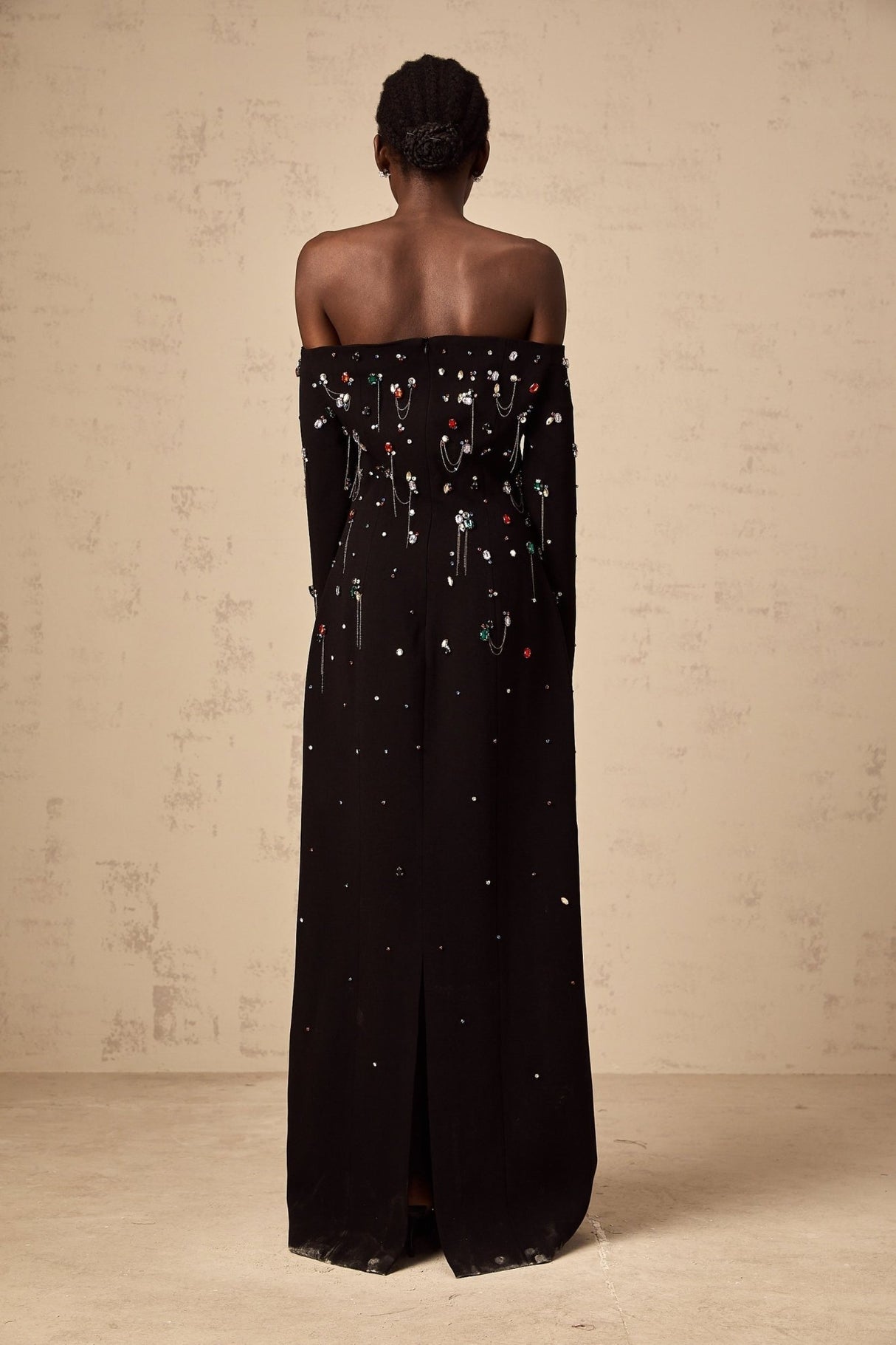 Mckenna Maxi Dress - Off - Shoulder Black with Crystal Embellishments & Fringe Details